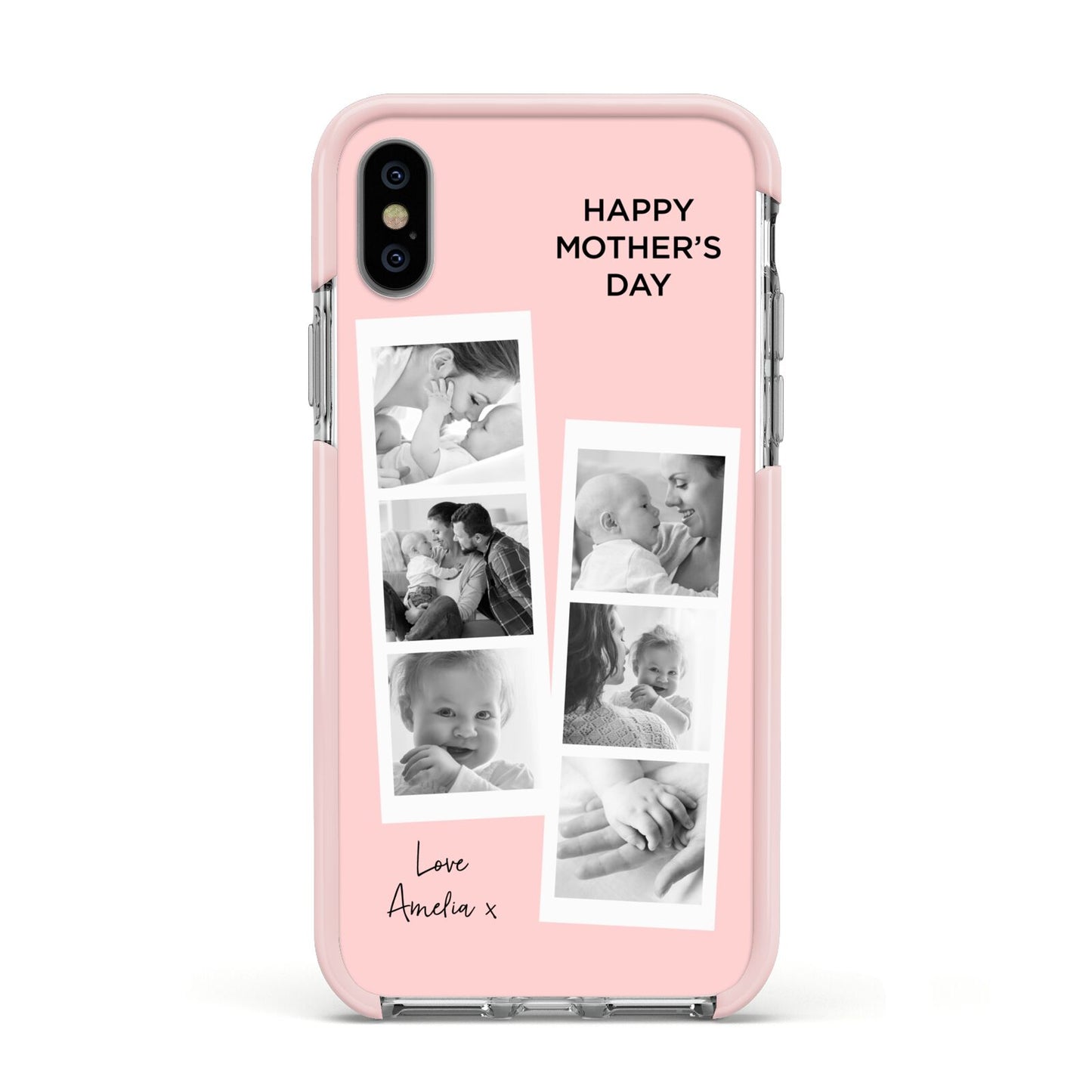 Pink Mothers Day Photo Strips Apple iPhone Xs Impact Case Pink Edge on Silver Phone