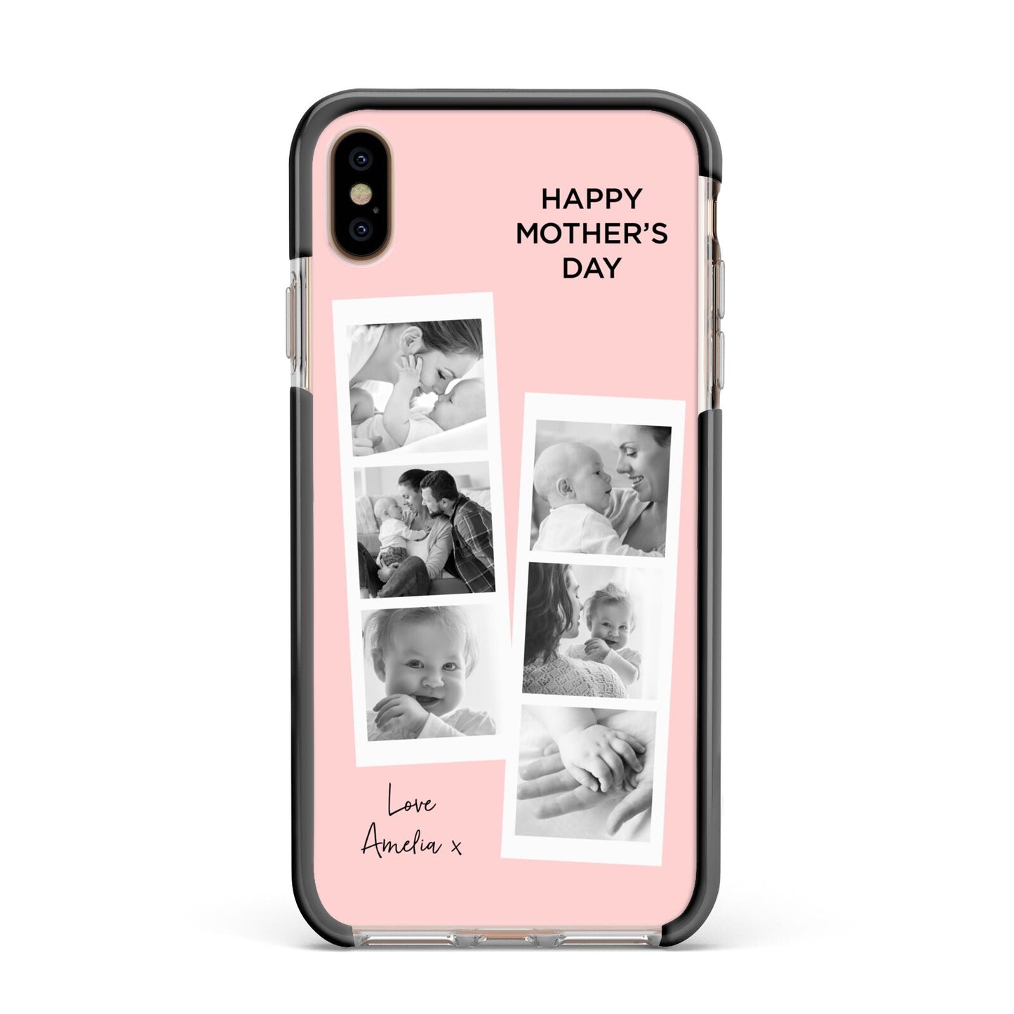Pink Mothers Day Photo Strips Apple iPhone Xs Max Impact Case Black Edge on Gold Phone