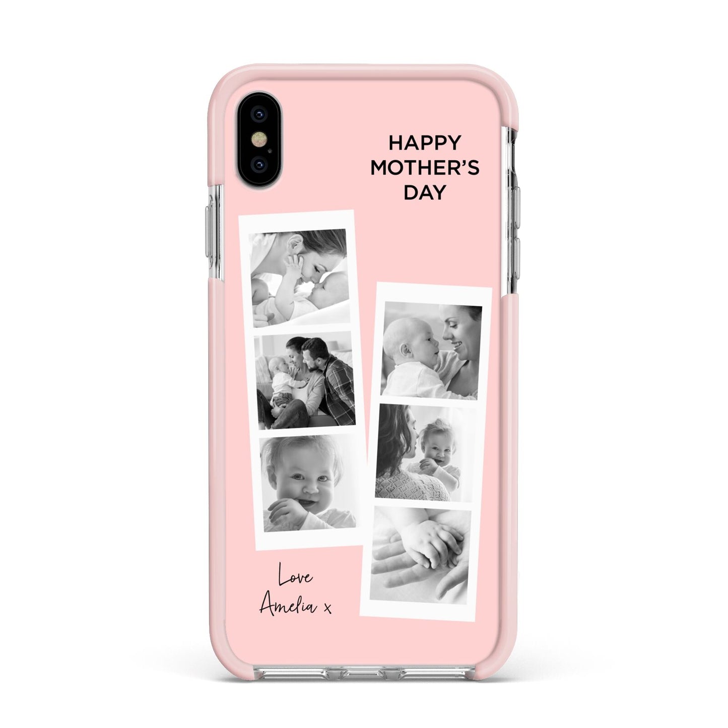 Pink Mothers Day Photo Strips Apple iPhone Xs Max Impact Case Pink Edge on Silver Phone
