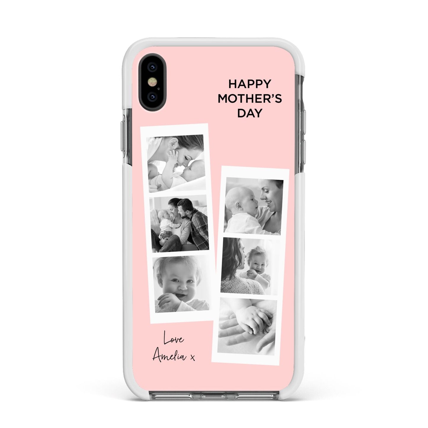 Pink Mothers Day Photo Strips Apple iPhone Xs Max Impact Case White Edge on Black Phone
