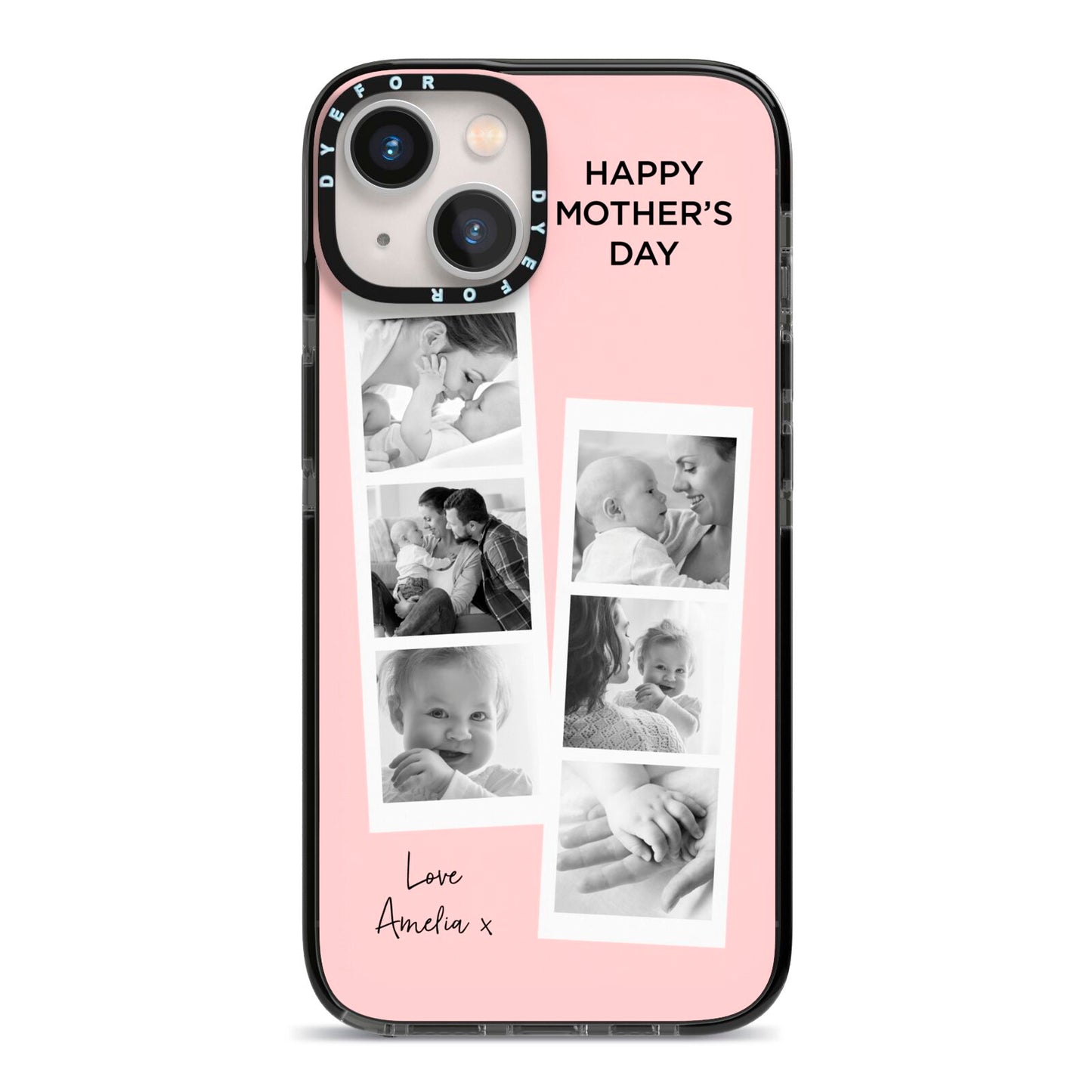 Pink Mothers Day Photo Strips iPhone 13 Black Impact Case on Silver phone