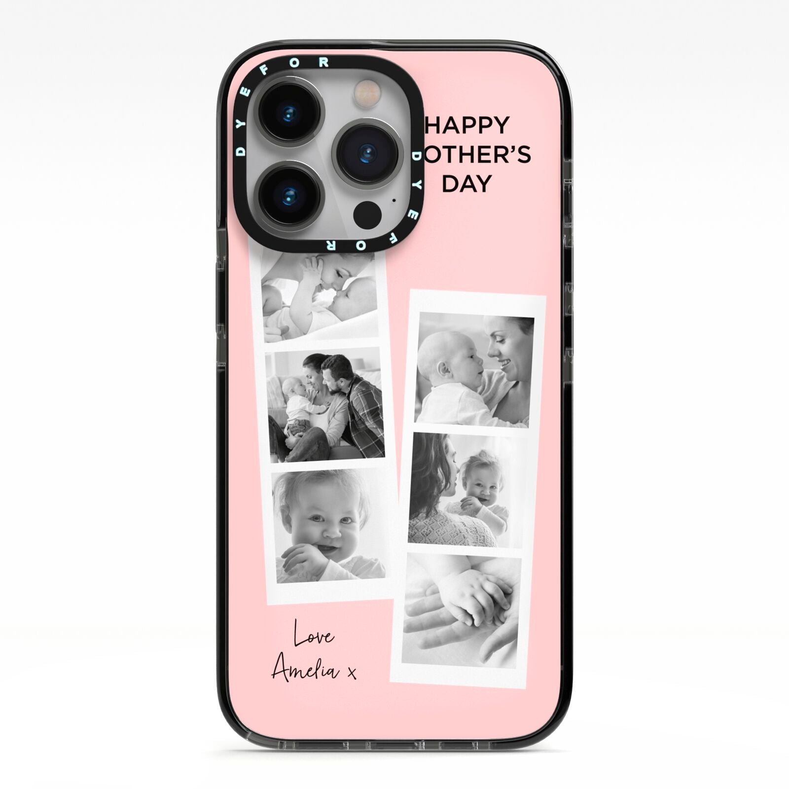 Pink Mothers Day Photo Strips iPhone 13 Pro Black Impact Case on Silver phone