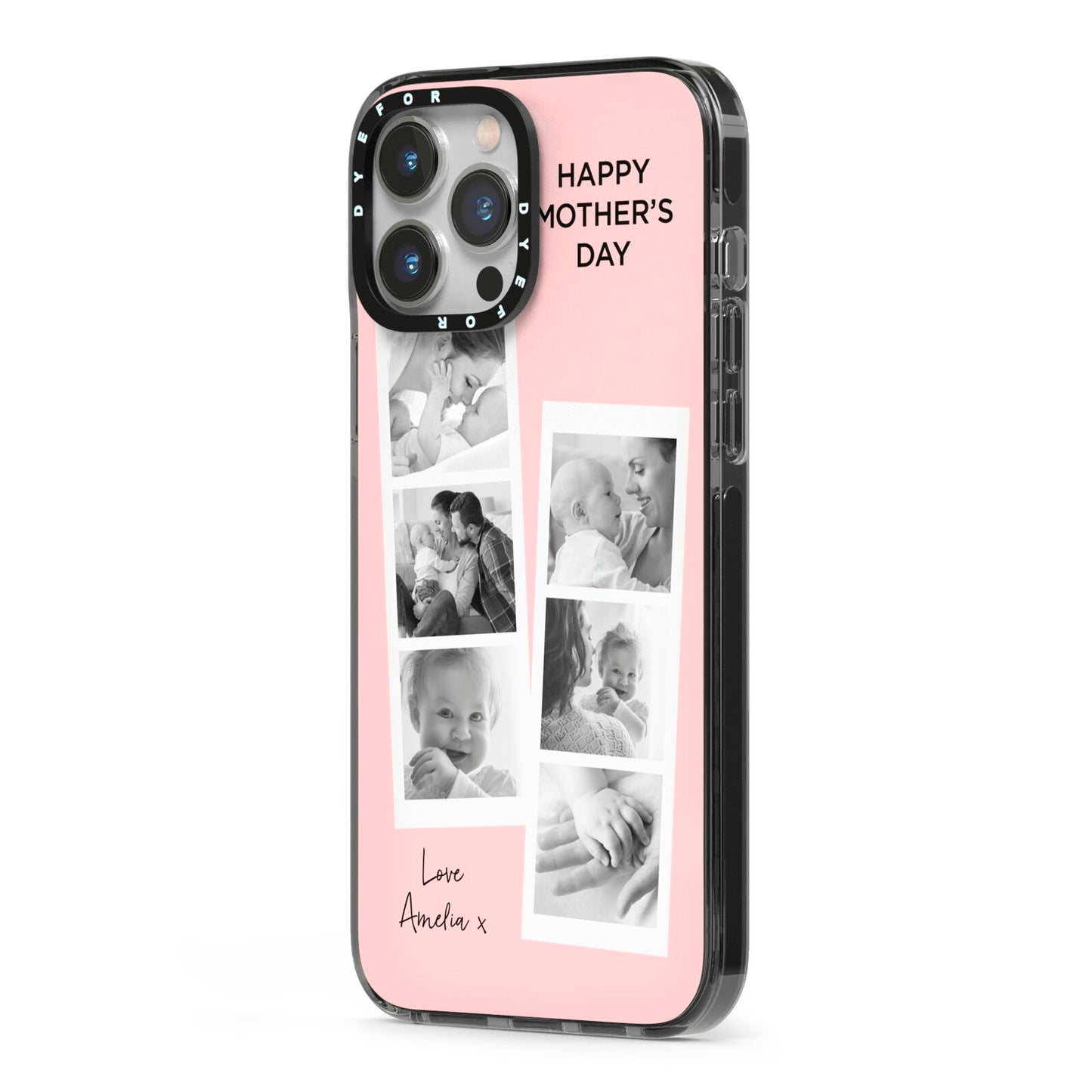 Pink Mothers Day Photo Strips iPhone 13 Pro Max Black Impact Case Side Angle on Silver phone