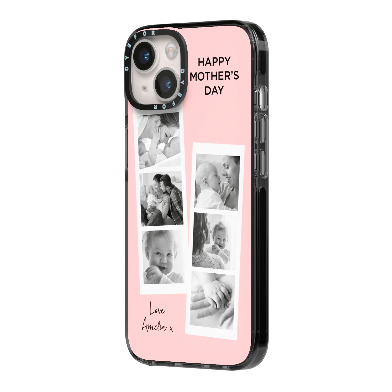 Pink Mothers Day Photo Strips iPhone 14 Black Impact Case Side Angle on Silver phone