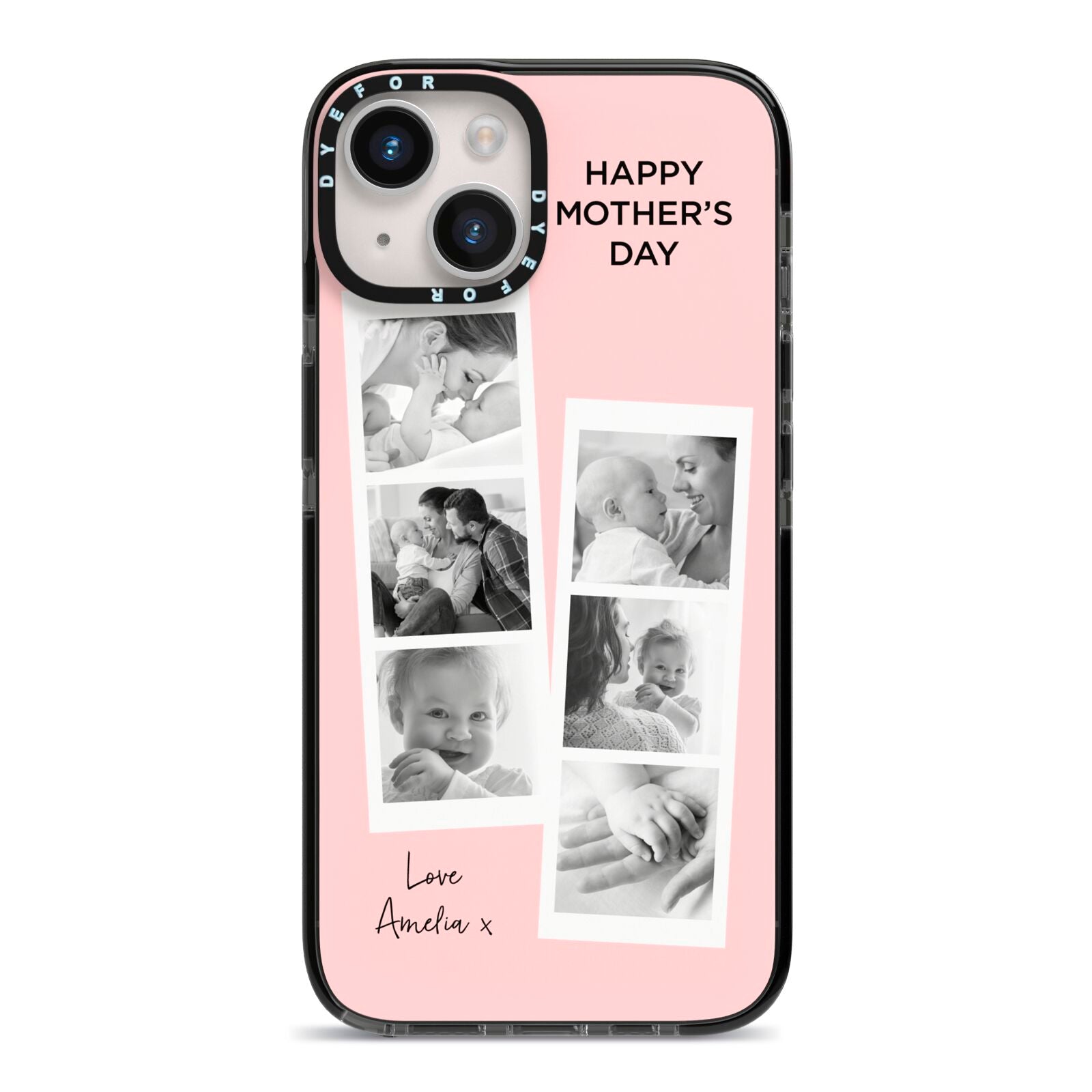 Pink Mothers Day Photo Strips iPhone 14 Black Impact Case on Silver phone