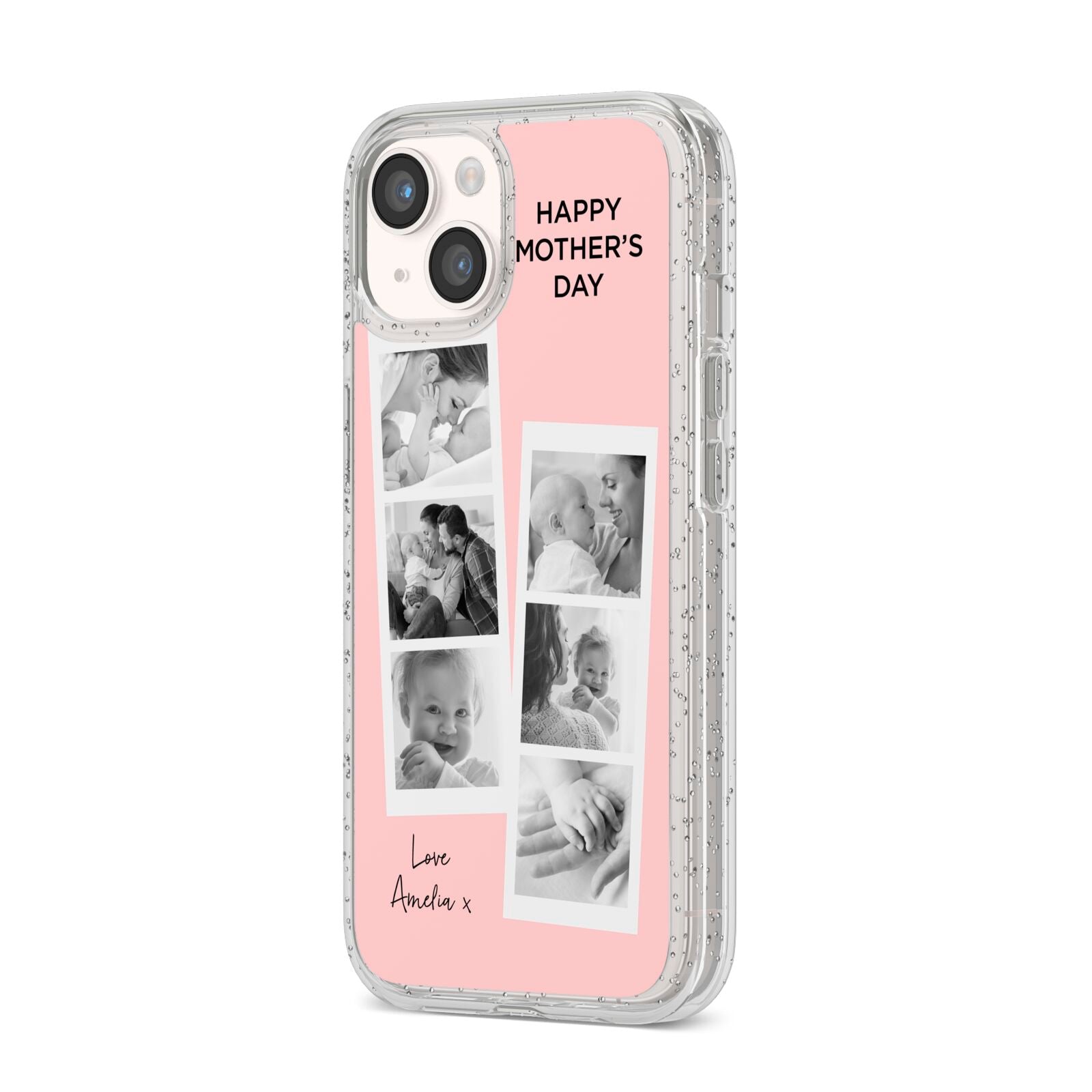 Pink Mothers Day Photo Strips iPhone 14 Glitter Tough Case Starlight Angled Image