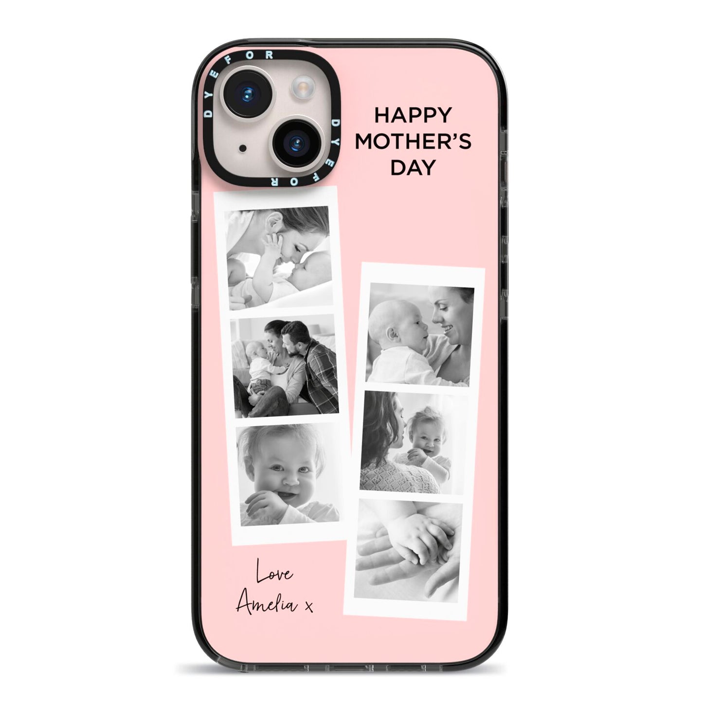 Pink Mothers Day Photo Strips iPhone 14 Plus Black Impact Case on Silver phone