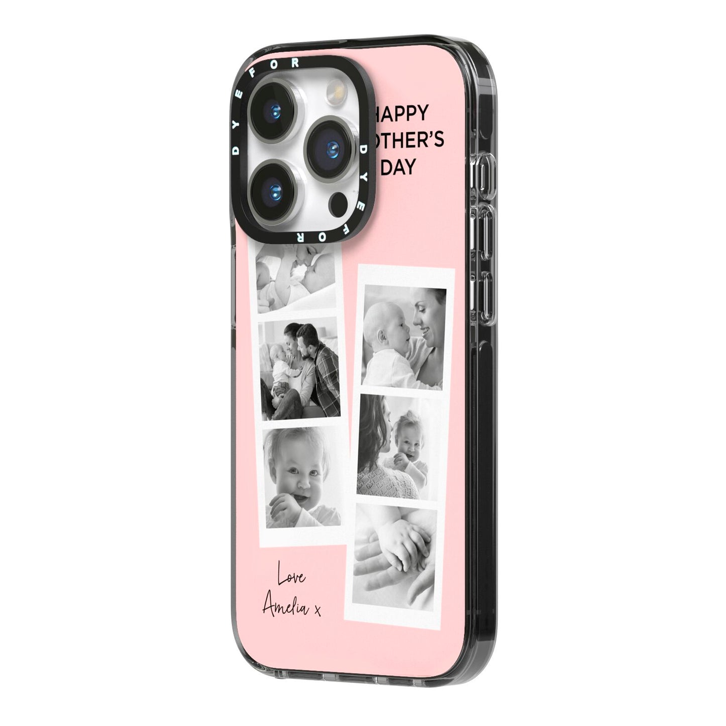 Pink Mothers Day Photo Strips iPhone 14 Pro Black Impact Case Side Angle on Silver phone