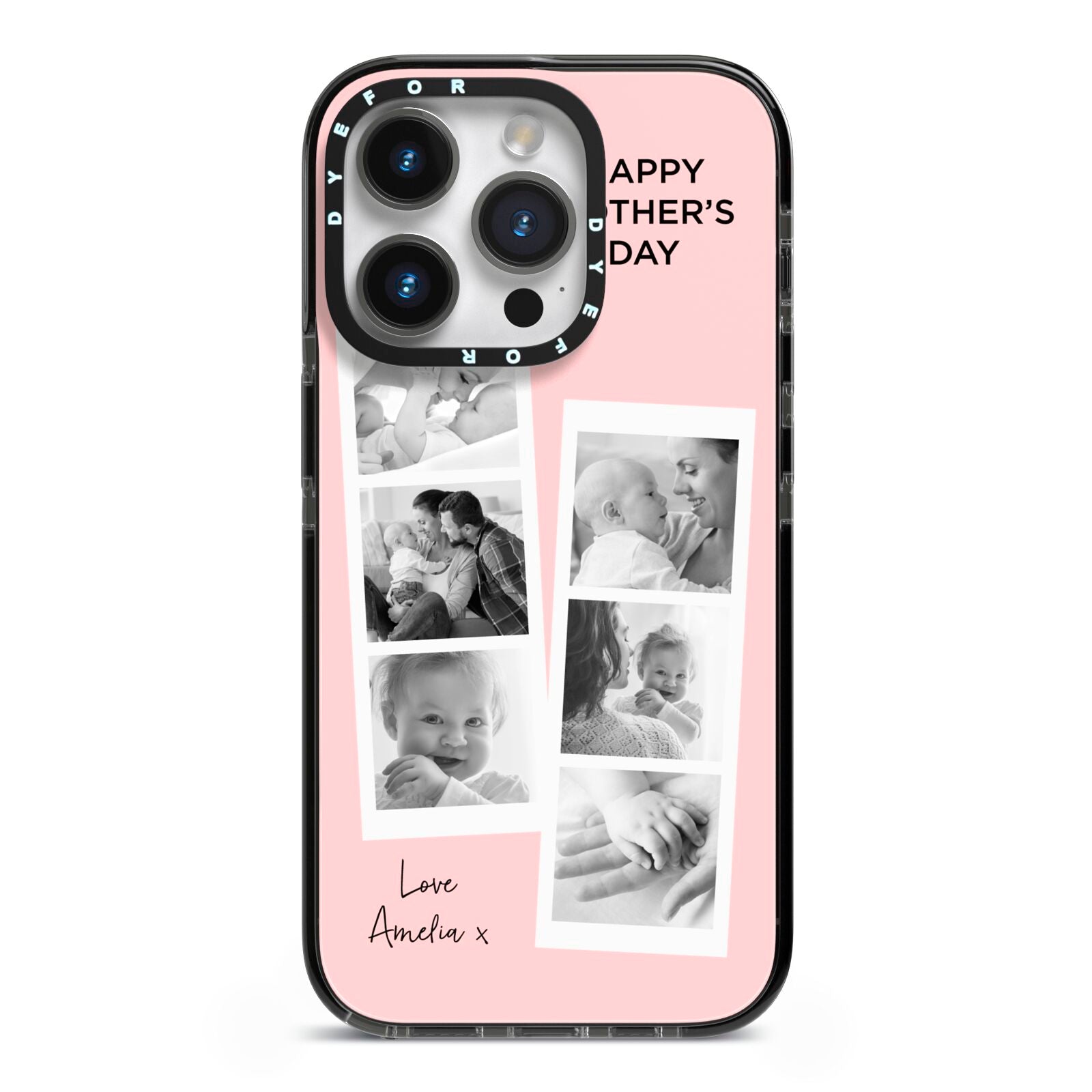 Pink Mothers Day Photo Strips iPhone 14 Pro Black Impact Case on Silver phone
