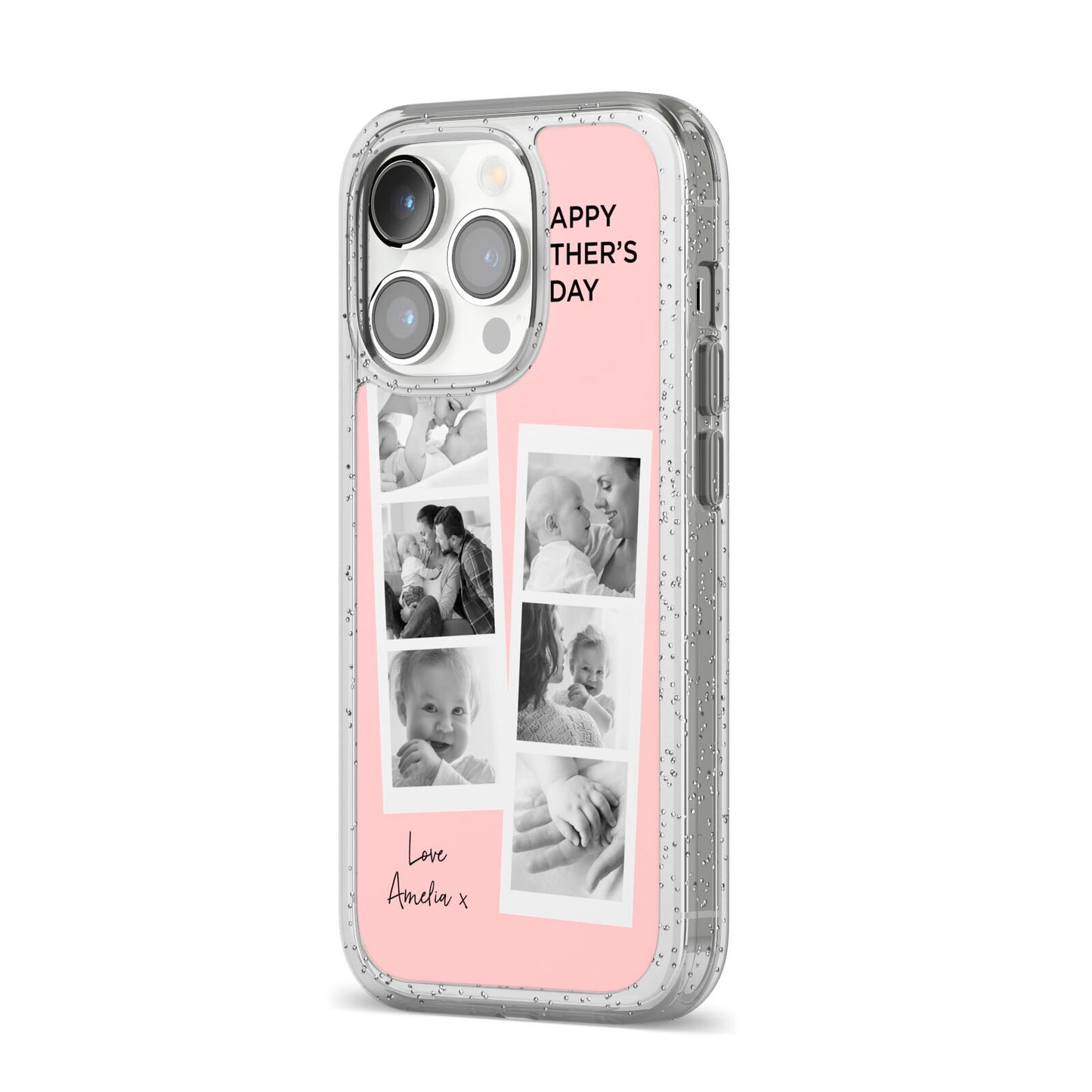 Pink Mothers Day Photo Strips iPhone 14 Pro Glitter Tough Case Silver Angled Image