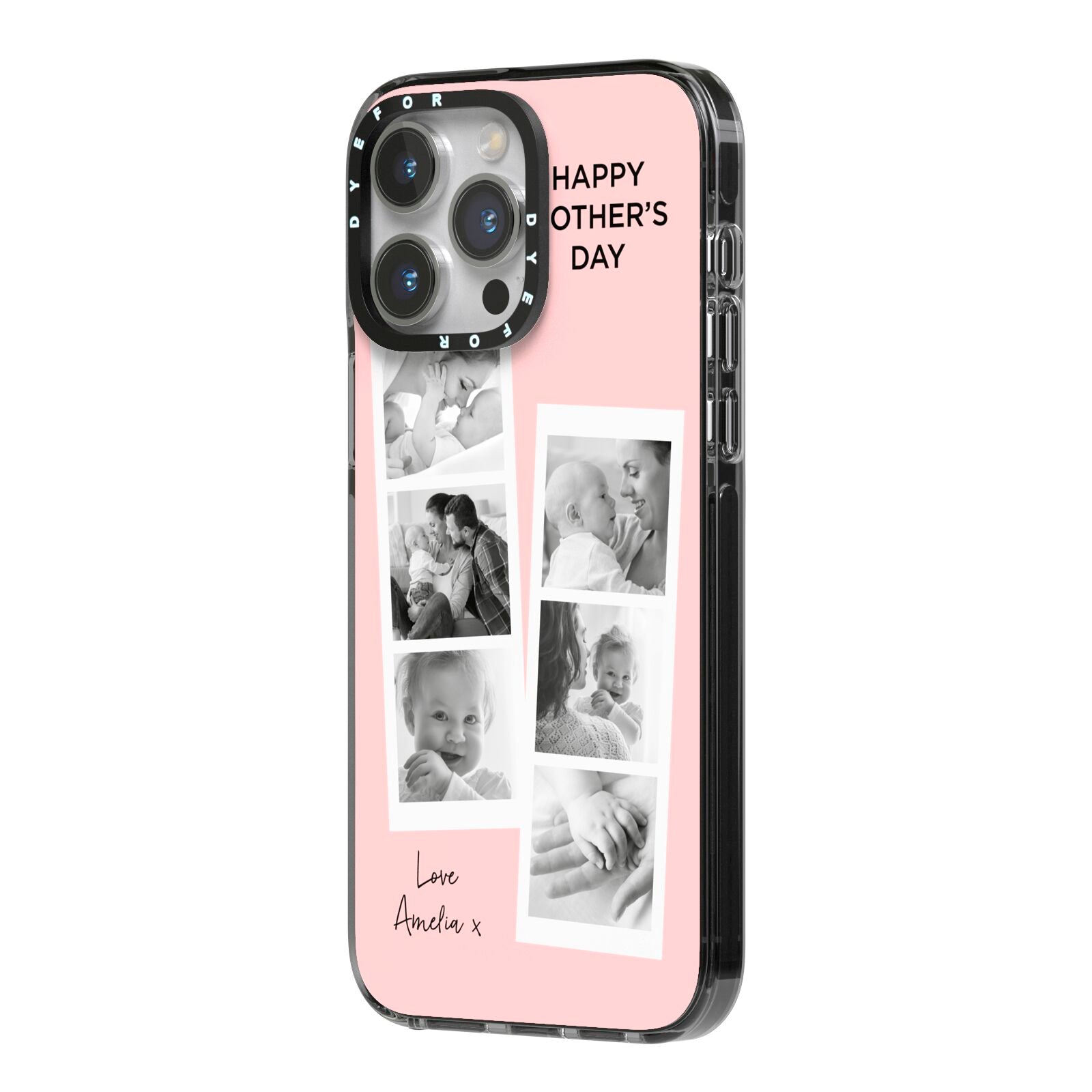 Pink Mothers Day Photo Strips iPhone 14 Pro Max Black Impact Case Side Angle on Silver phone