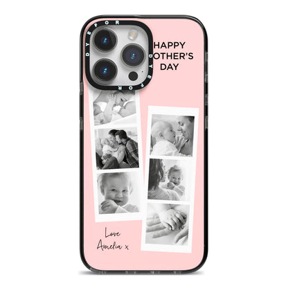 Pink Mothers Day Photo Strips iPhone 14 Pro Max Black Impact Case on Silver phone