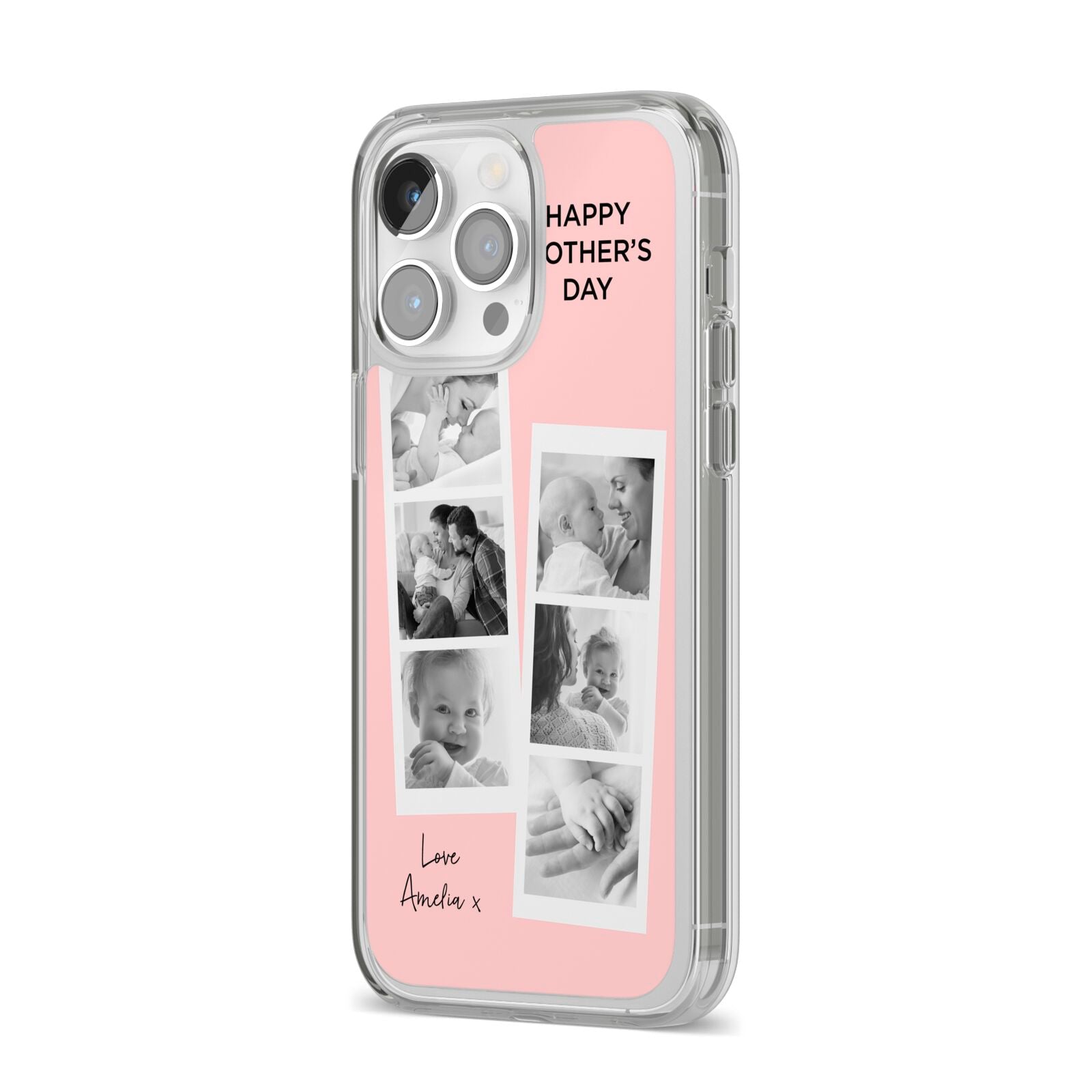 Pink Mothers Day Photo Strips iPhone 14 Pro Max Clear Tough Case Silver Angled Image