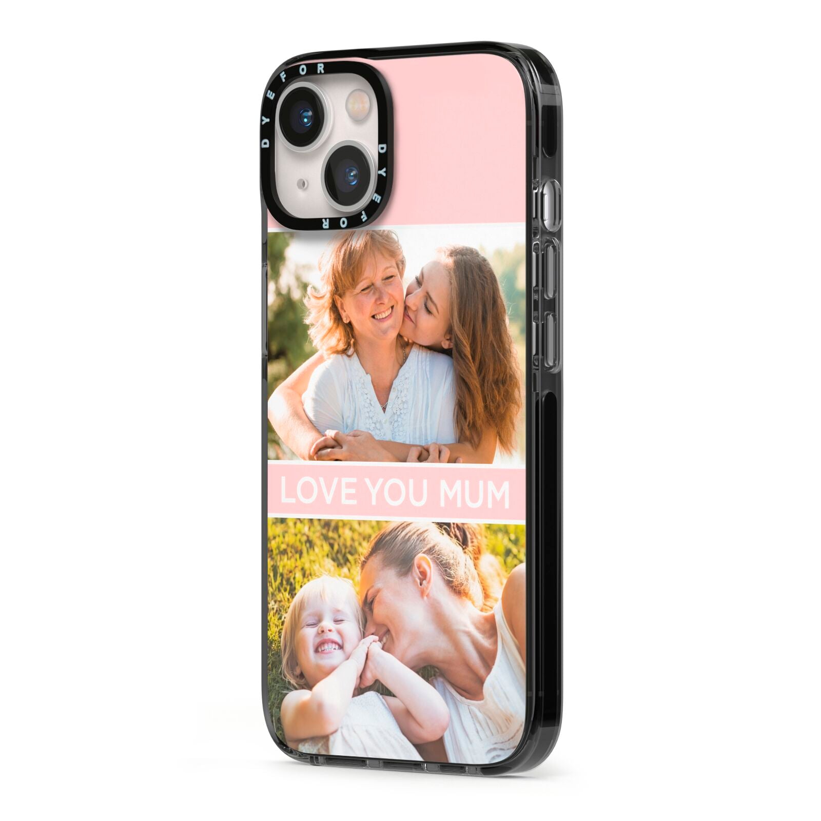 Pink Mothers Day Photos iPhone 13 Black Impact Case Side Angle on Silver phone