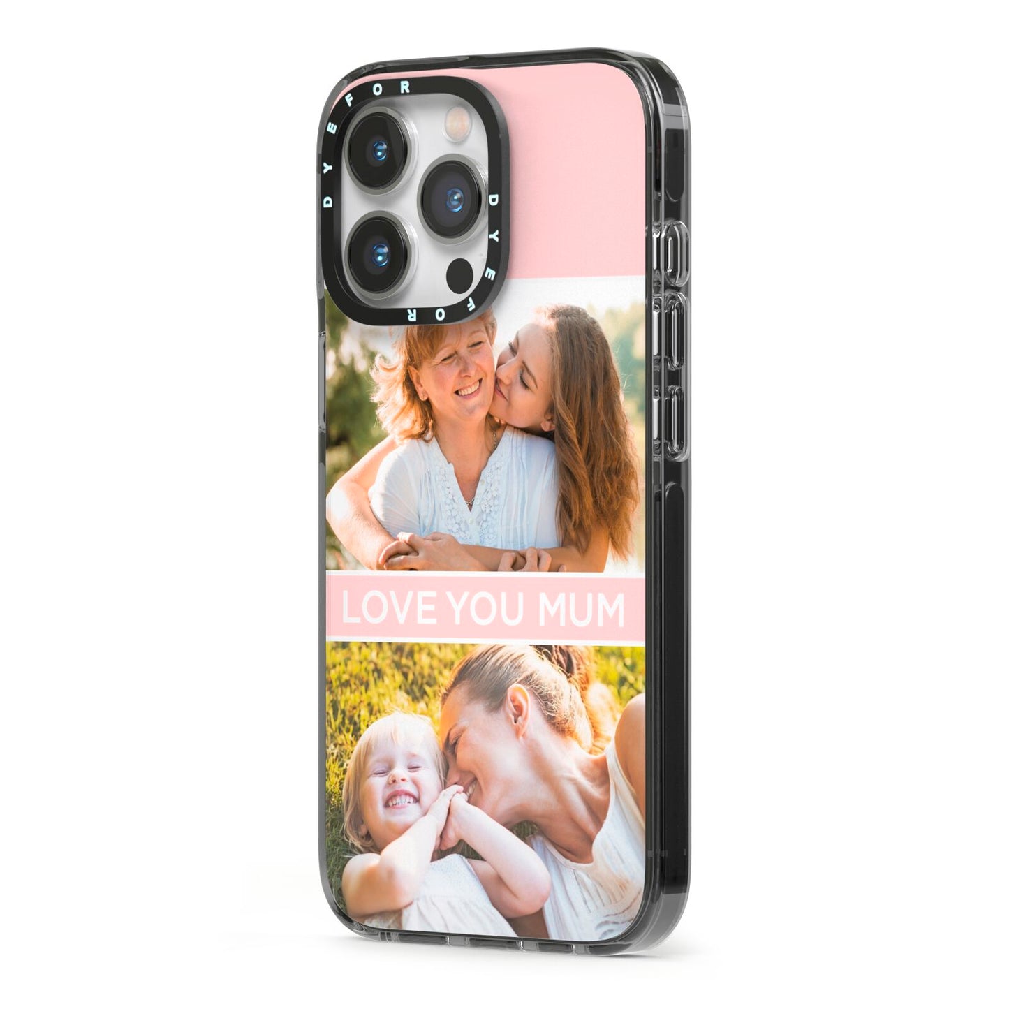Pink Mothers Day Photos iPhone 13 Pro Black Impact Case Side Angle on Silver phone