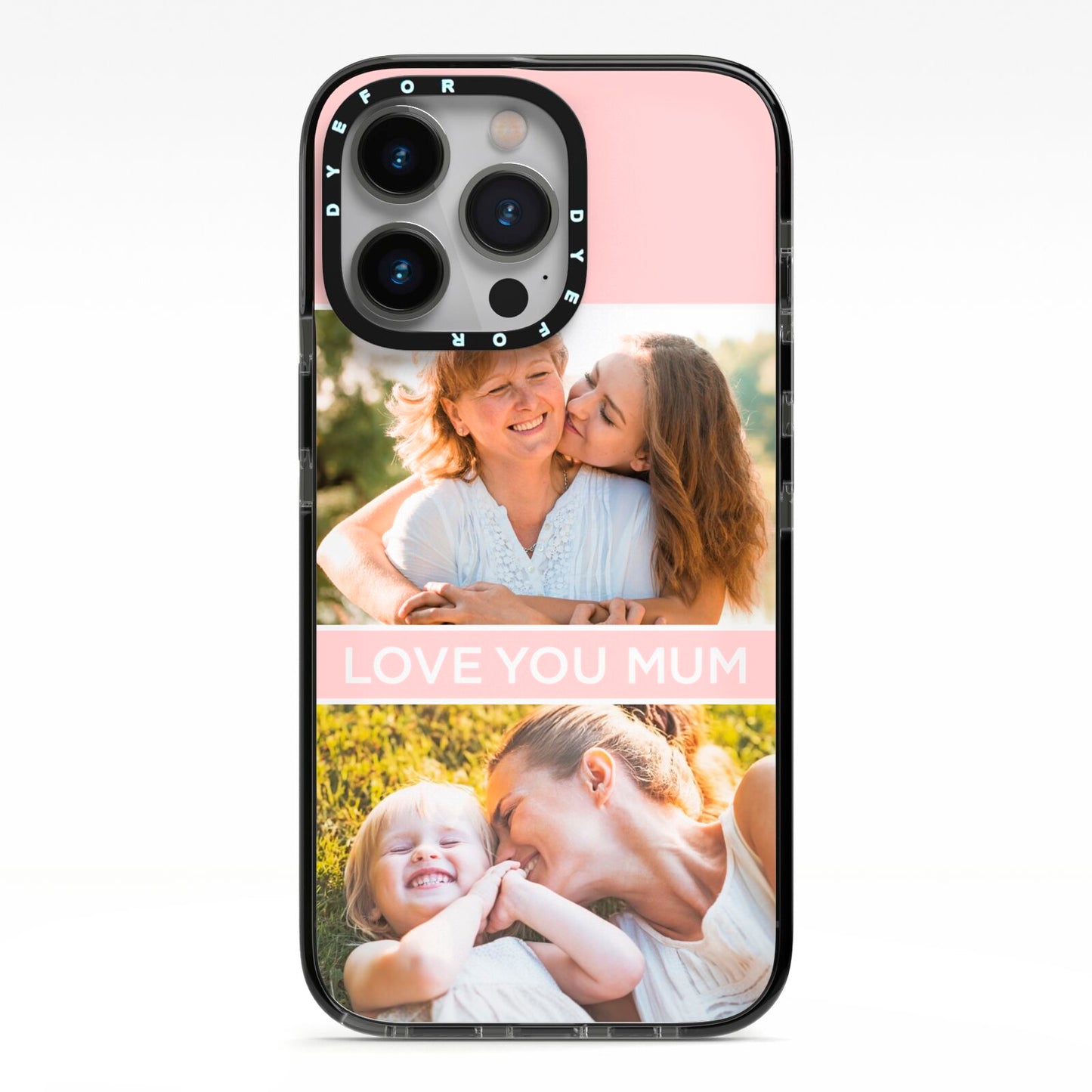 Pink Mothers Day Photos iPhone 13 Pro Black Impact Case on Silver phone