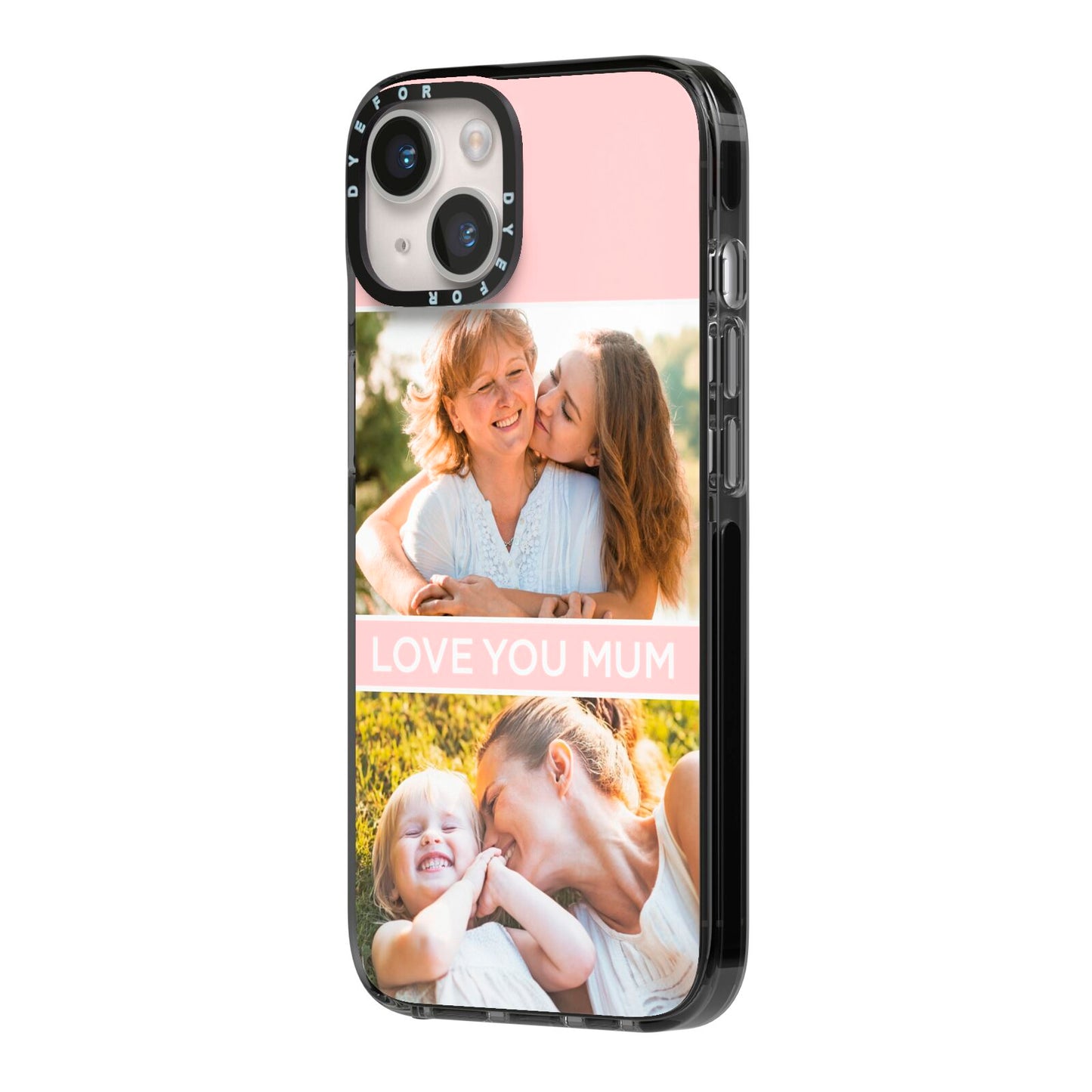 Pink Mothers Day Photos iPhone 14 Black Impact Case Side Angle on Silver phone