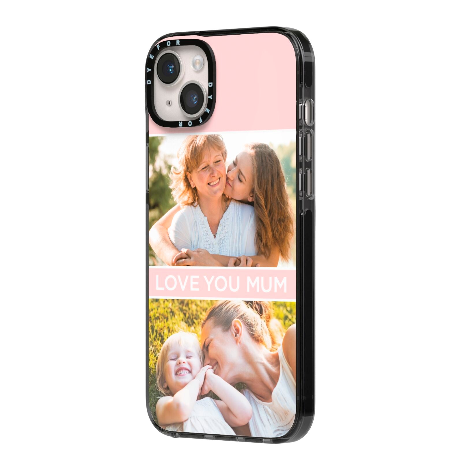 Pink Mothers Day Photos iPhone 14 Plus Black Impact Case Side Angle on Silver phone