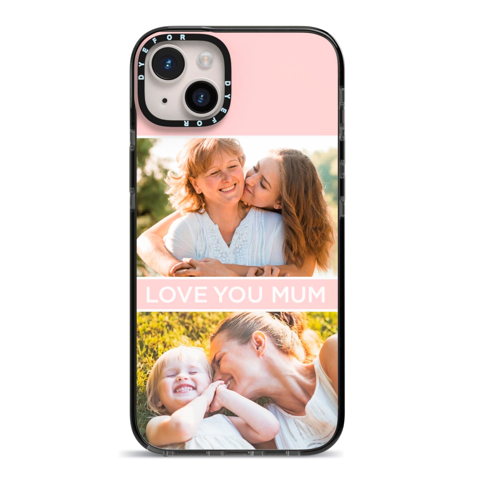 Pink Mothers Day Photos iPhone 14 Plus Black Impact Case on Silver phone