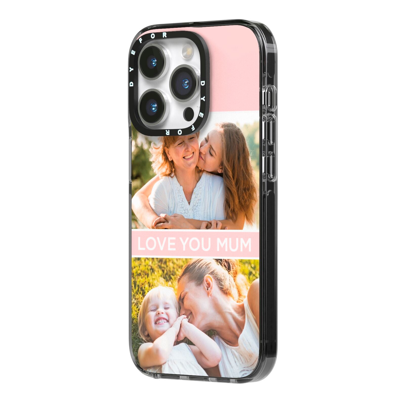 Pink Mothers Day Photos iPhone 14 Pro Black Impact Case Side Angle on Silver phone