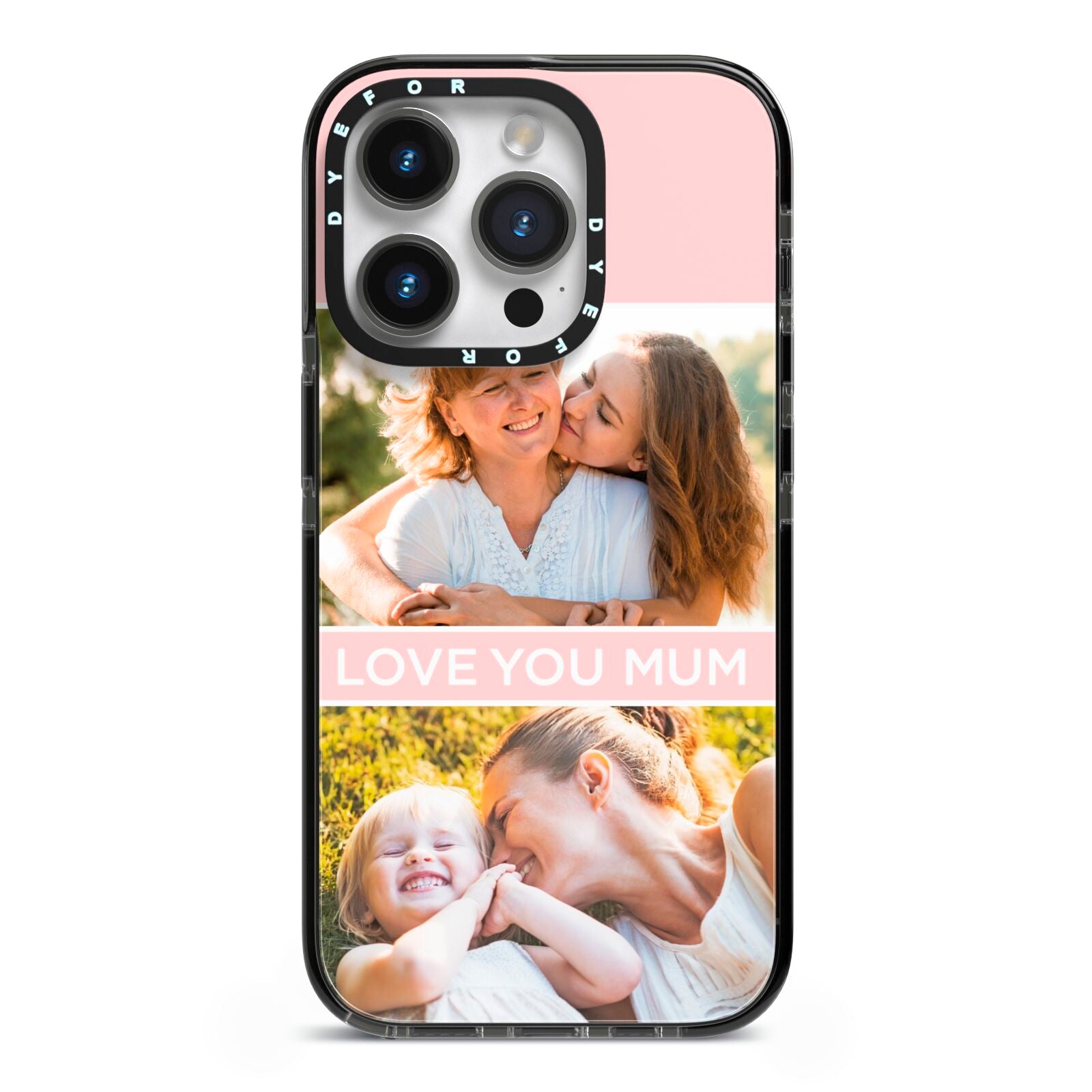 Pink Mothers Day Photos iPhone 14 Pro Black Impact Case on Silver phone