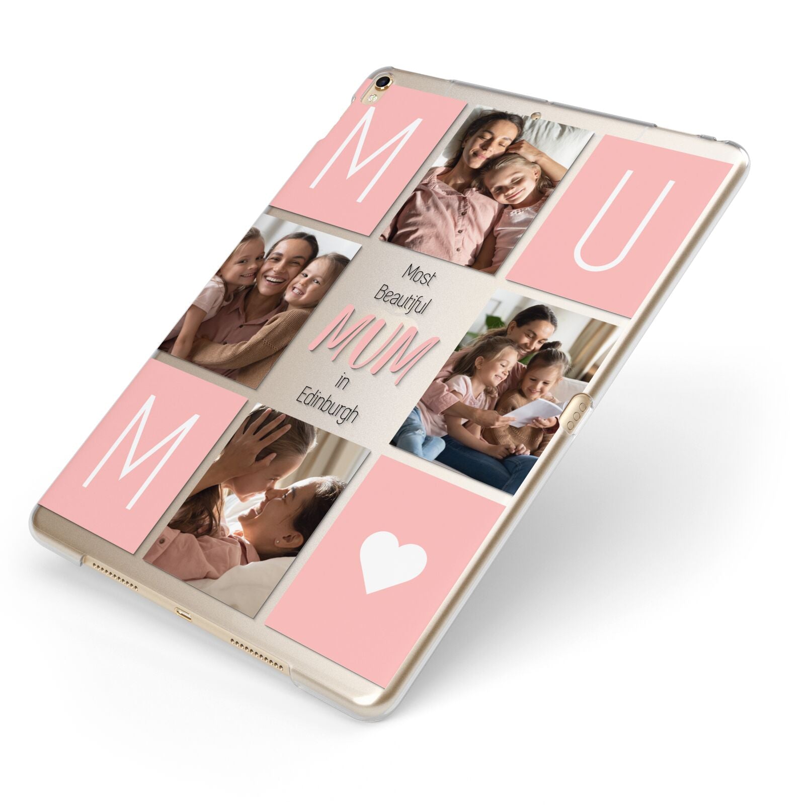 Pink Mum Photo Tiles Apple iPad Case on Gold iPad Side View