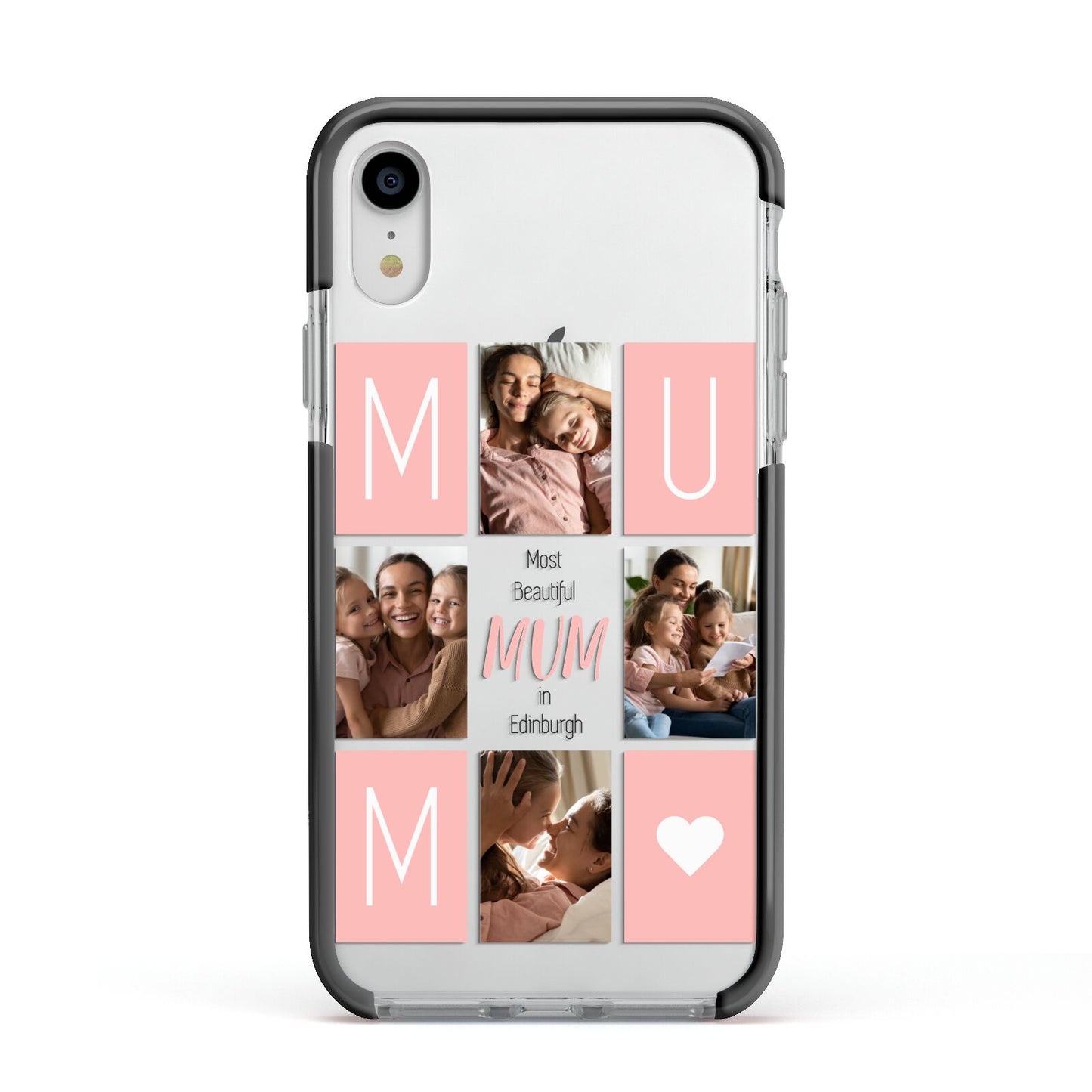Pink Mum Photo Tiles Apple iPhone XR Impact Case Black Edge on Silver Phone