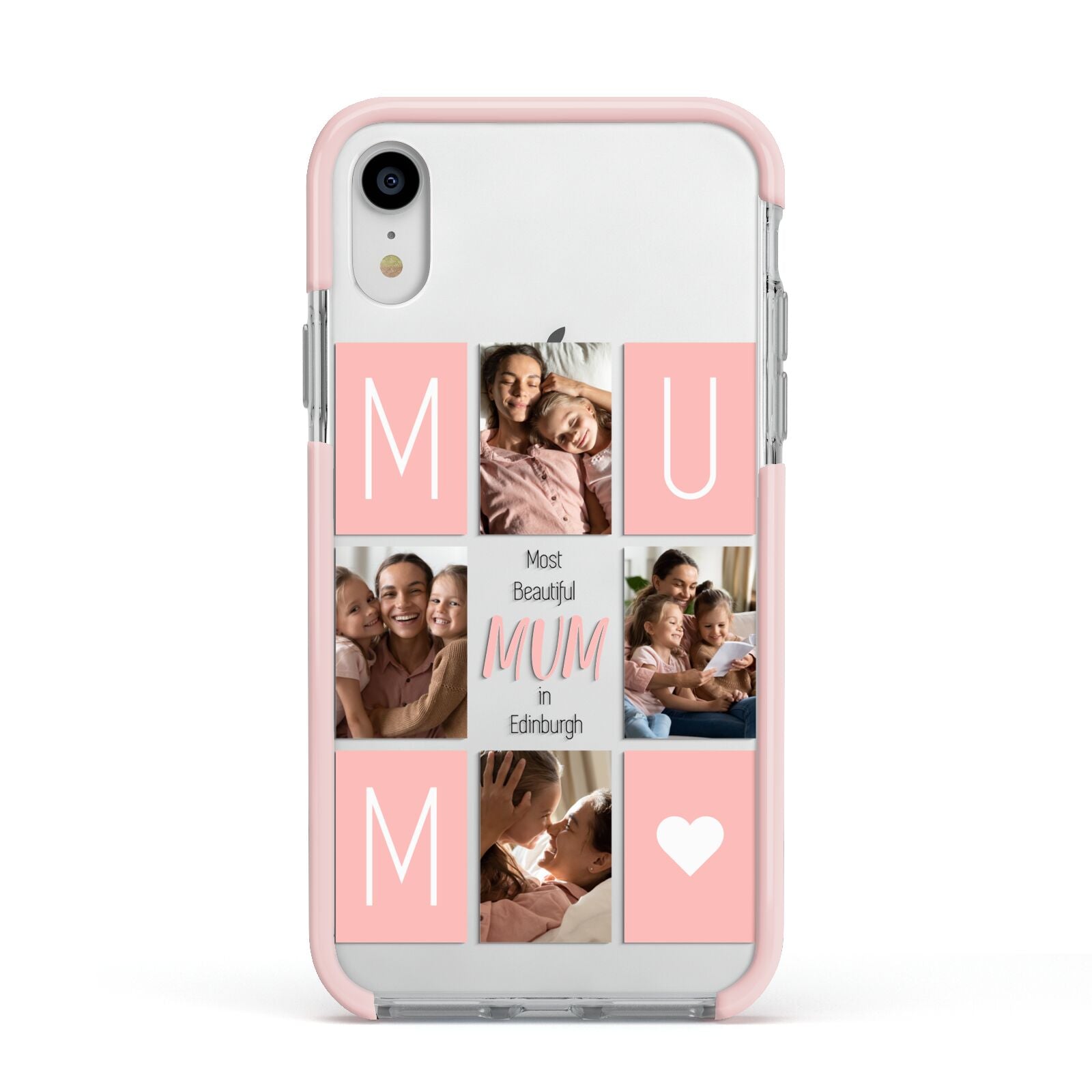 Pink Mum Photo Tiles Apple iPhone XR Impact Case Pink Edge on Silver Phone