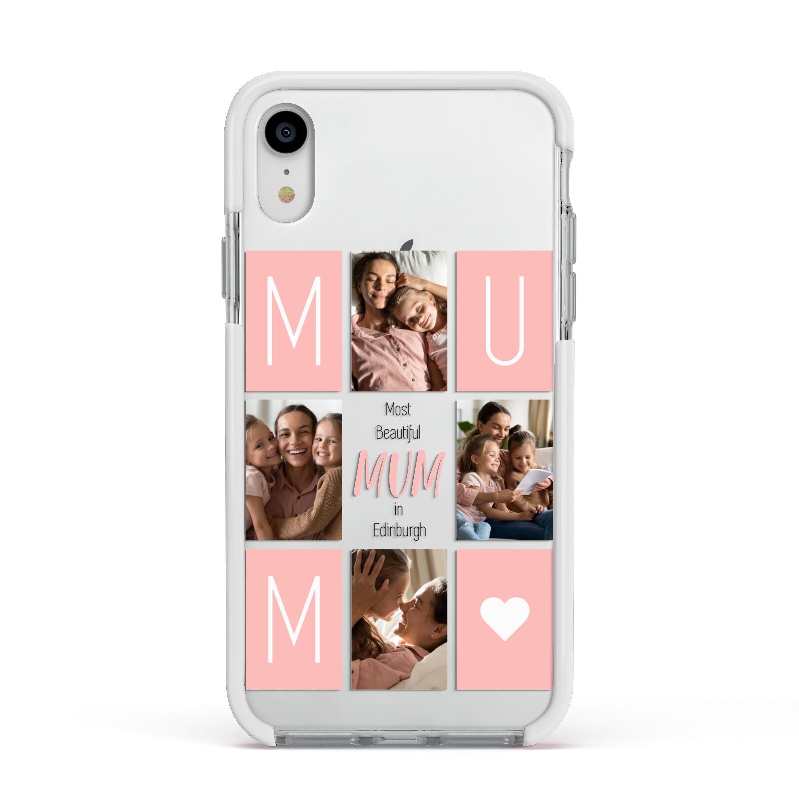 Pink Mum Photo Tiles Apple iPhone XR Impact Case White Edge on Silver Phone