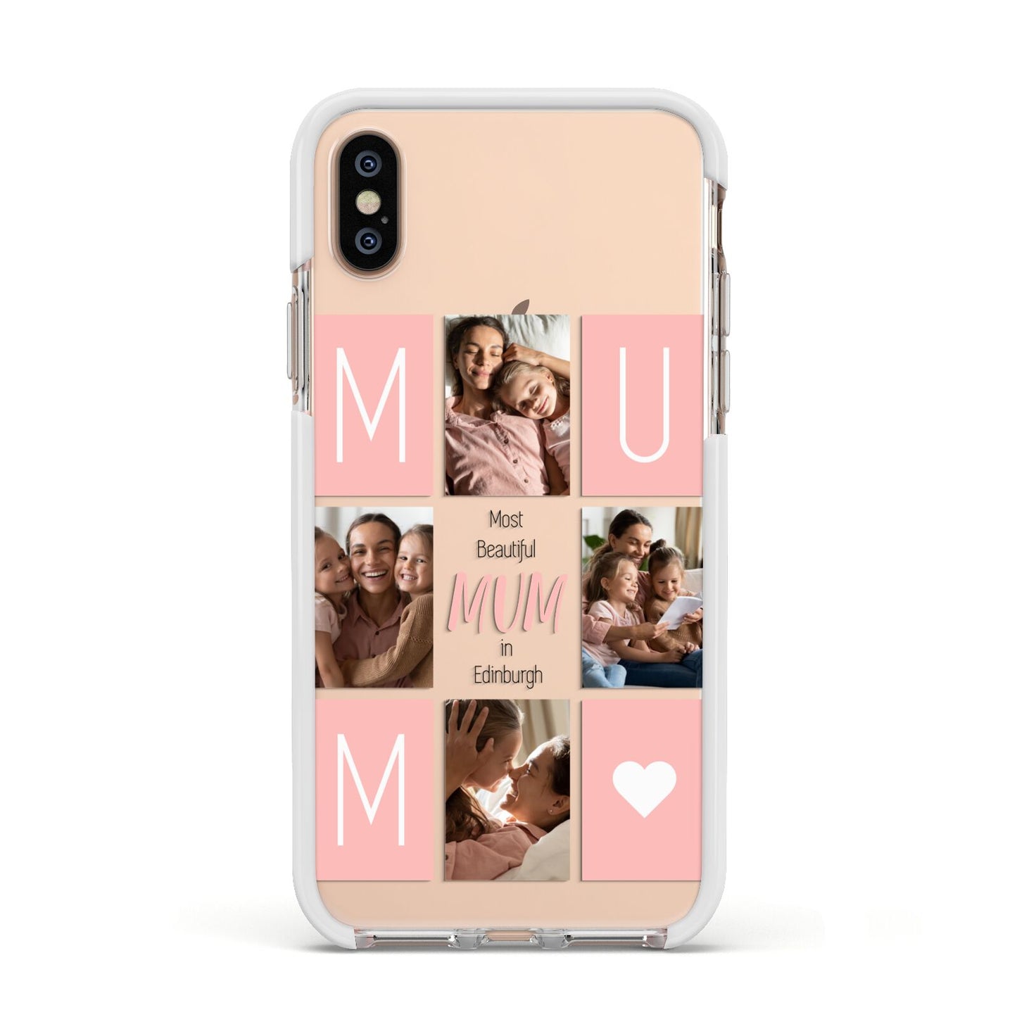 Pink Mum Photo Tiles Apple iPhone Xs Impact Case White Edge on Gold Phone