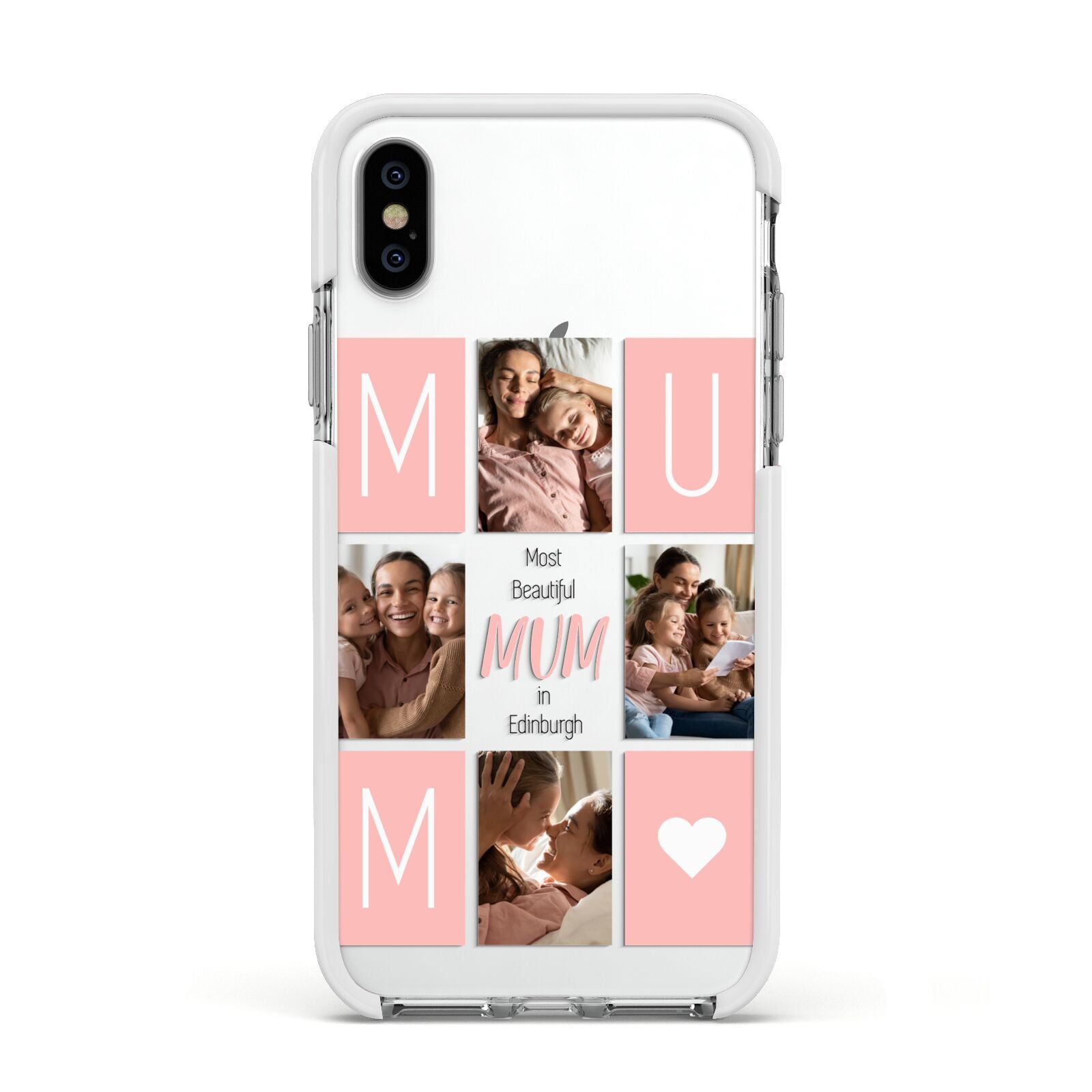 Pink Mum Photo Tiles Apple iPhone Xs Impact Case White Edge on Silver Phone