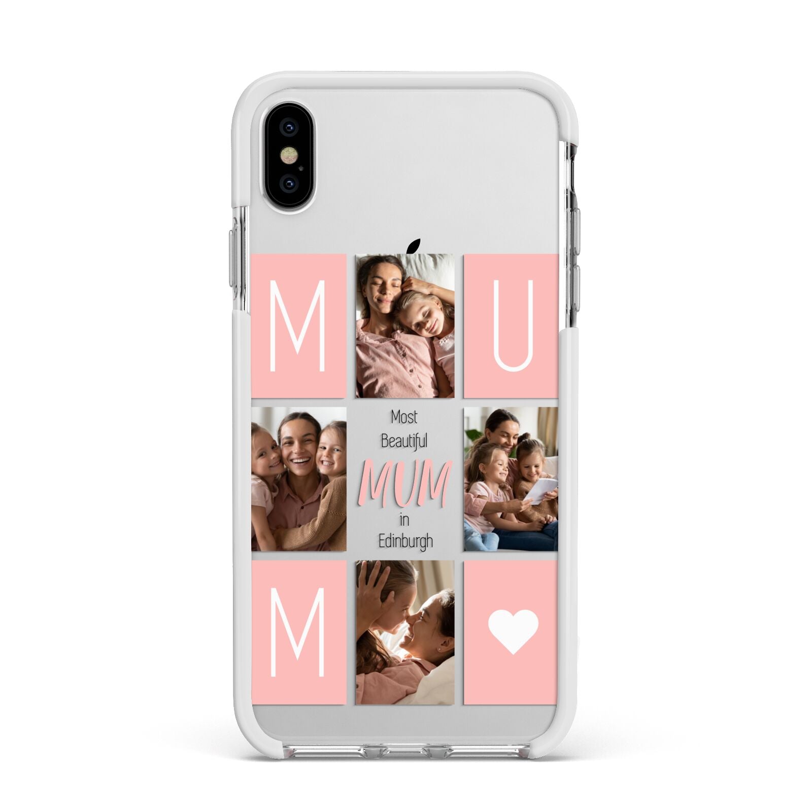 Pink Mum Photo Tiles Apple iPhone Xs Max Impact Case White Edge on Silver Phone