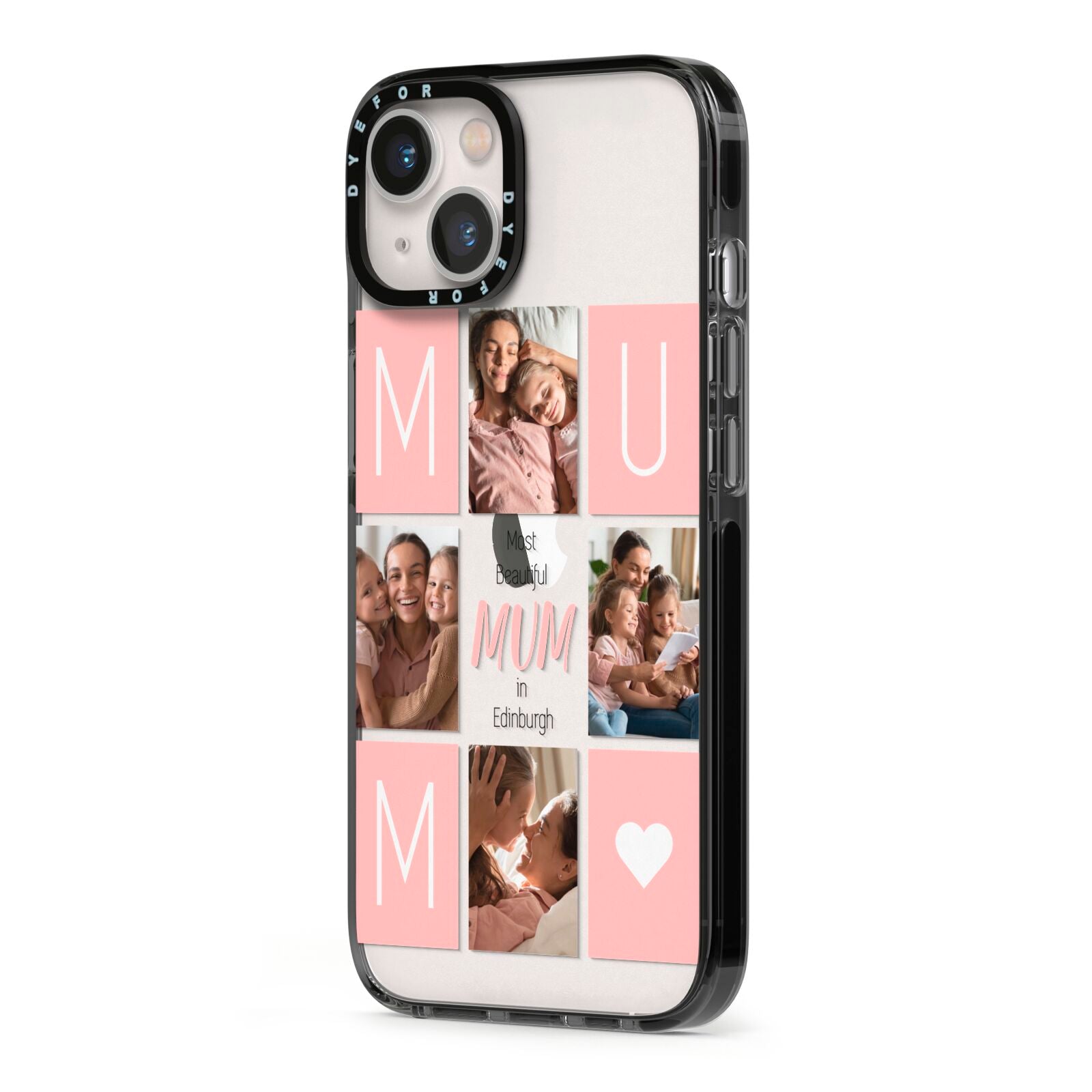 Pink Mum Photo Tiles iPhone 13 Black Impact Case Side Angle on Silver phone