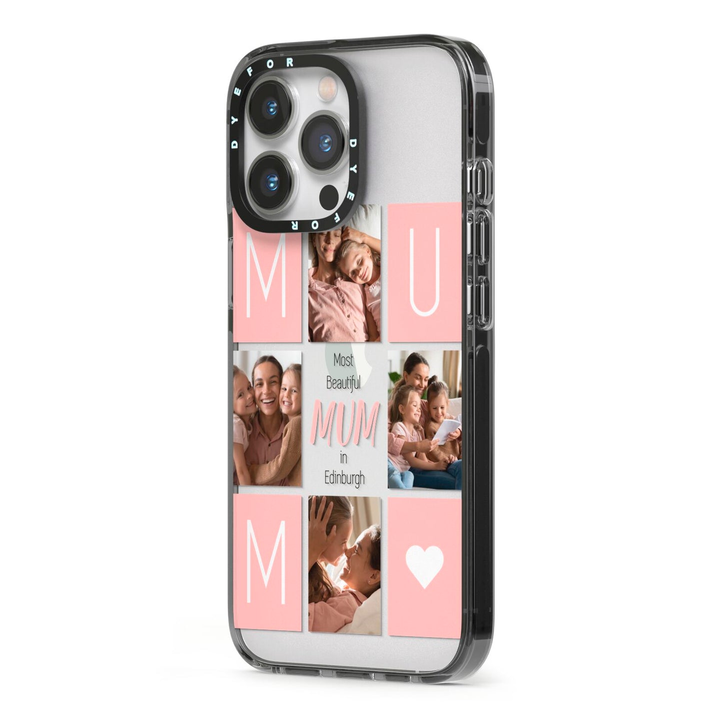 Pink Mum Photo Tiles iPhone 13 Pro Black Impact Case Side Angle on Silver phone
