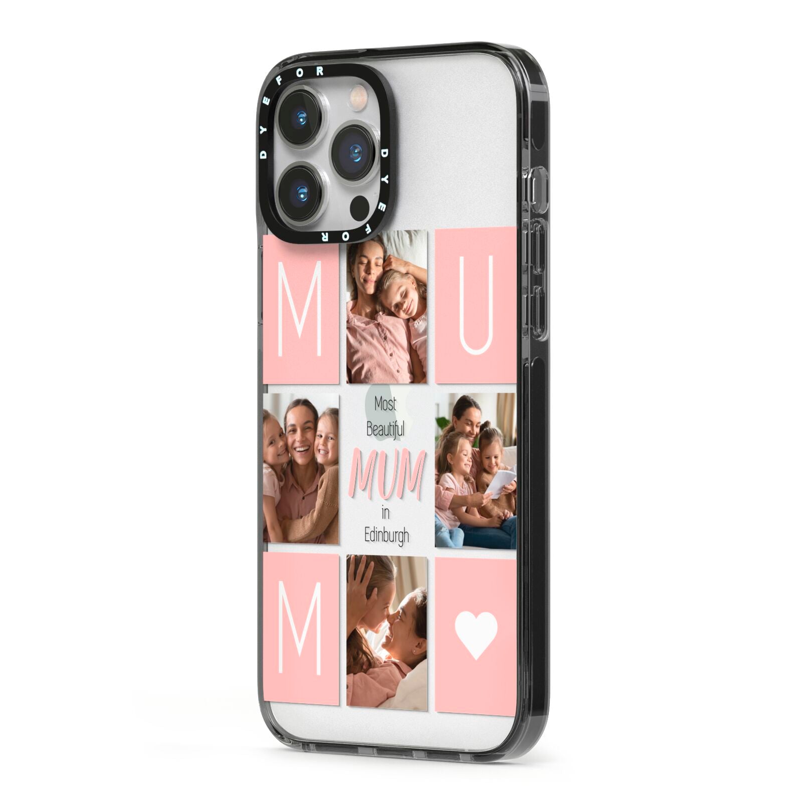 Pink Mum Photo Tiles iPhone 13 Pro Max Black Impact Case Side Angle on Silver phone