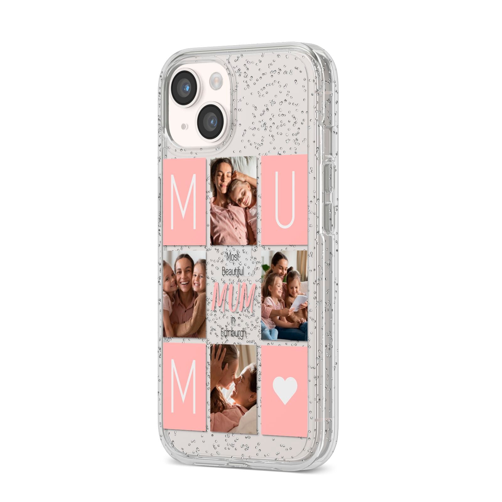 Pink Mum Photo Tiles iPhone 14 Glitter Tough Case Starlight Angled Image