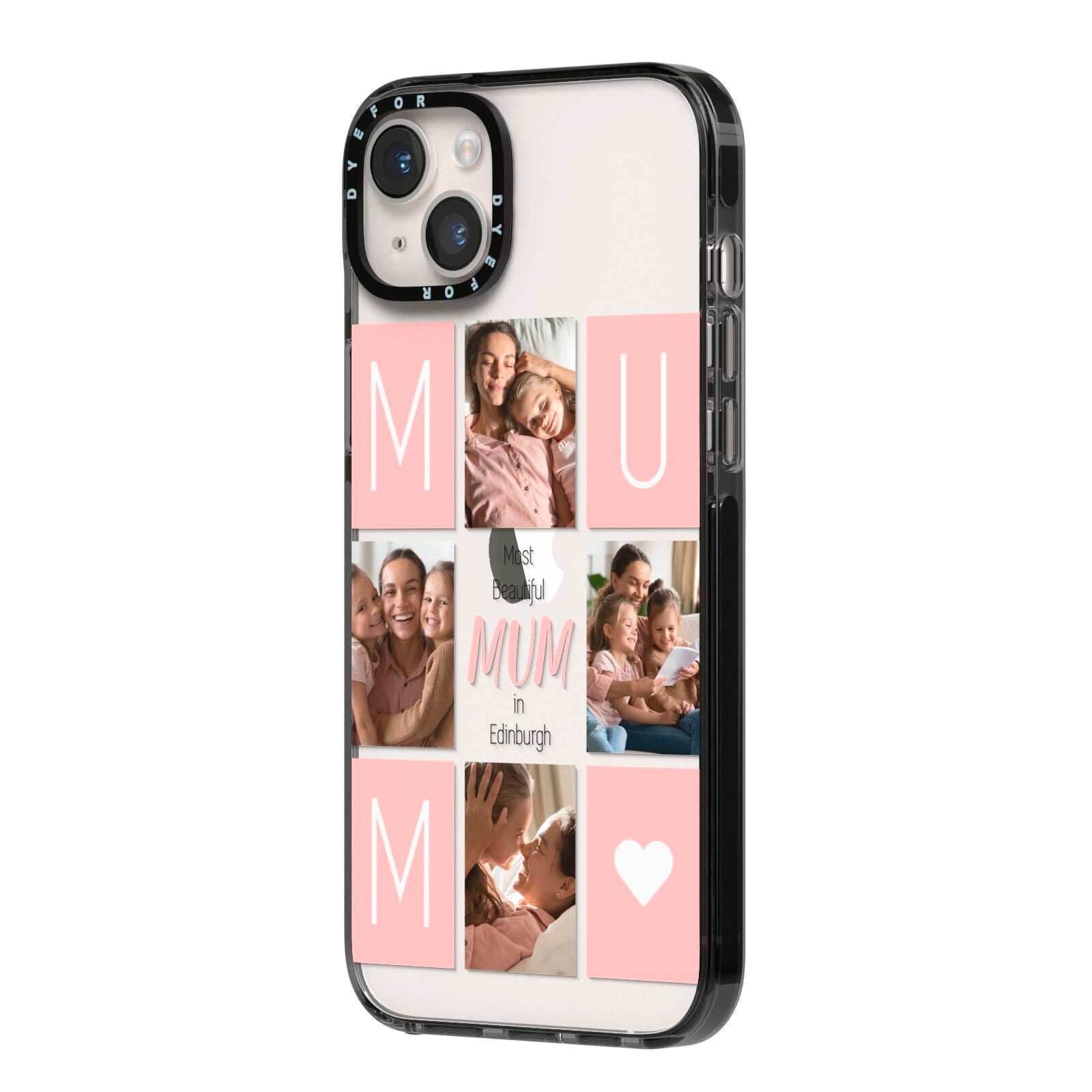 Pink Mum Photo Tiles iPhone 14 Plus Black Impact Case Side Angle on Silver phone
