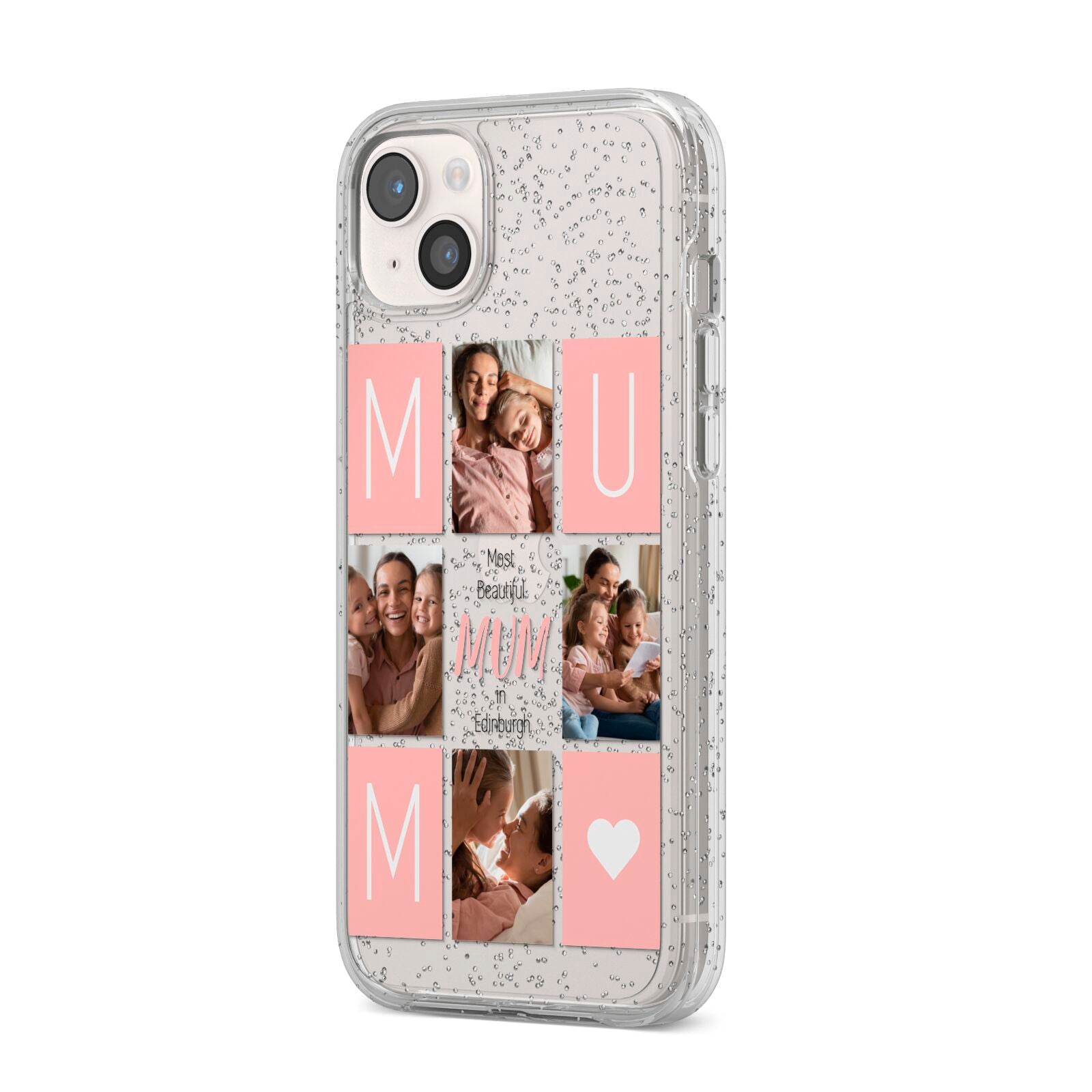 Pink Mum Photo Tiles iPhone 14 Plus Glitter Tough Case Starlight Angled Image