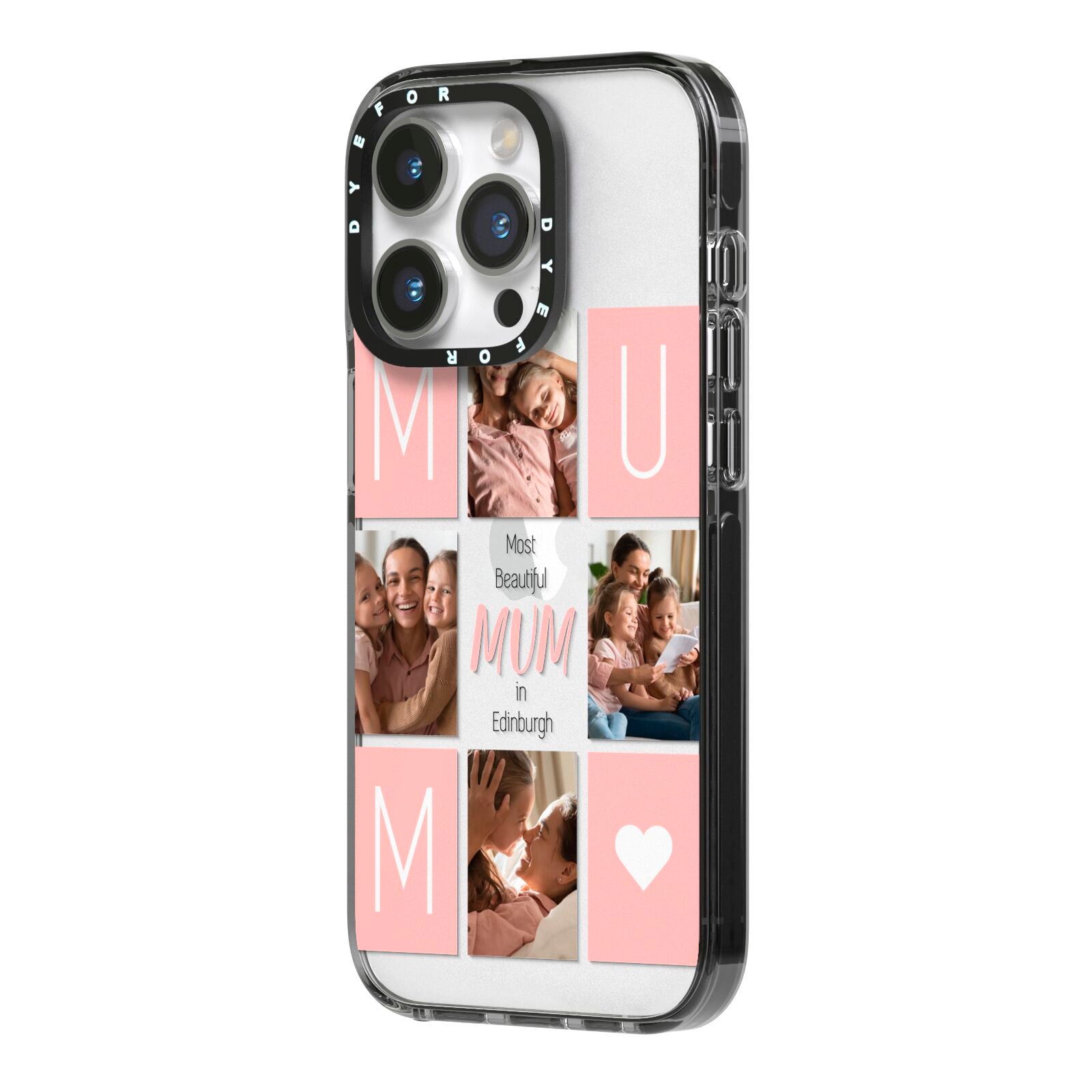 Pink Mum Photo Tiles iPhone 14 Pro Black Impact Case Side Angle on Silver phone