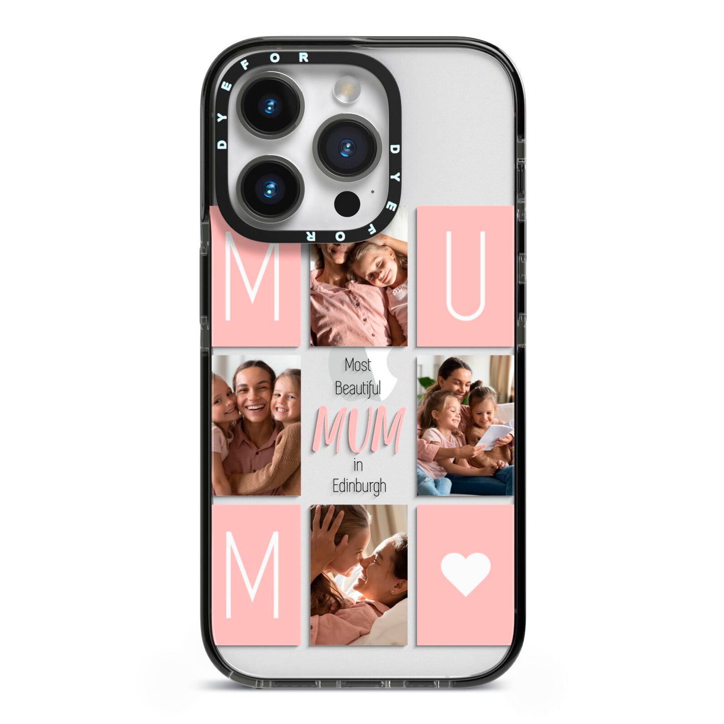 Pink Mum Photo Tiles iPhone 14 Pro Black Impact Case on Silver phone