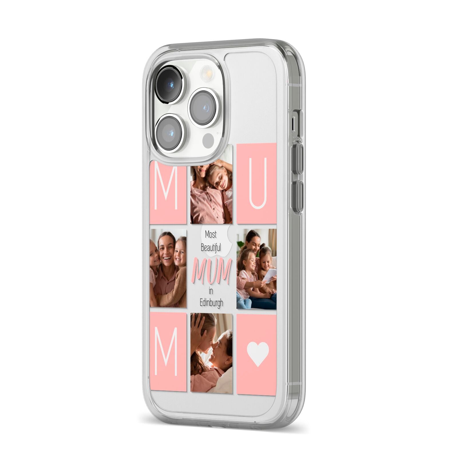 Pink Mum Photo Tiles iPhone 14 Pro Clear Tough Case Silver Angled Image