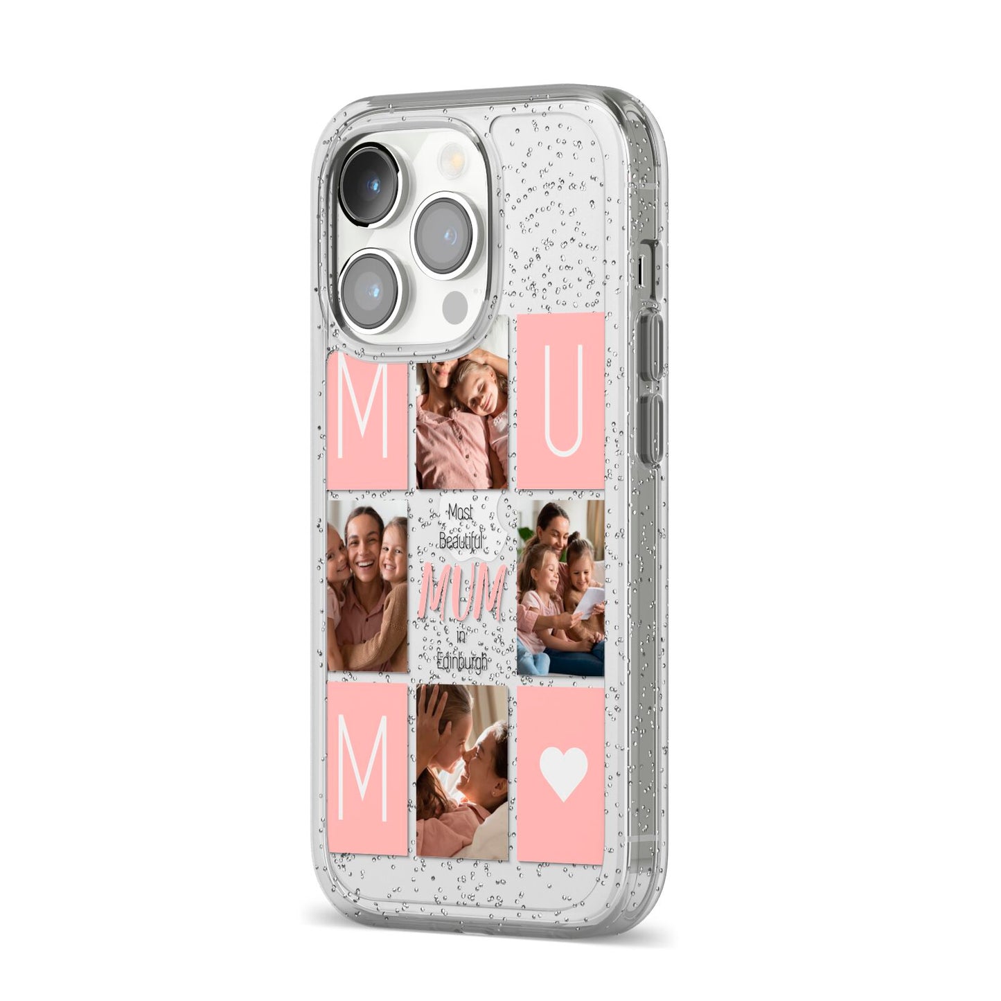 Pink Mum Photo Tiles iPhone 14 Pro Glitter Tough Case Silver Angled Image