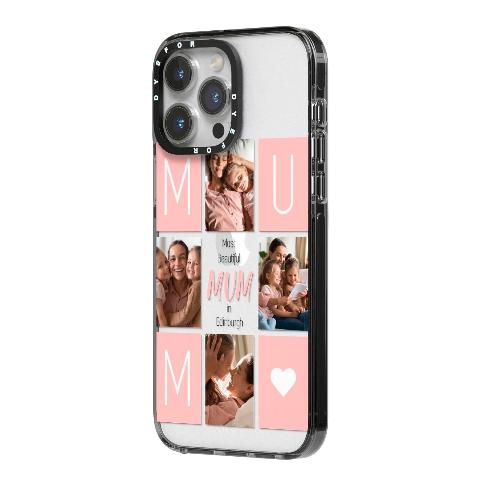 Pink Mum Photo Tiles iPhone 14 Pro Max Black Impact Case Side Angle on Silver phone
