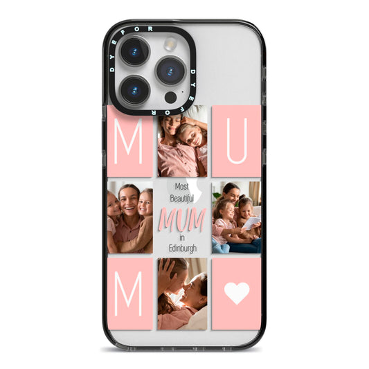 Pink Mum Photo Tiles iPhone 14 Pro Max Black Impact Case on Silver phone