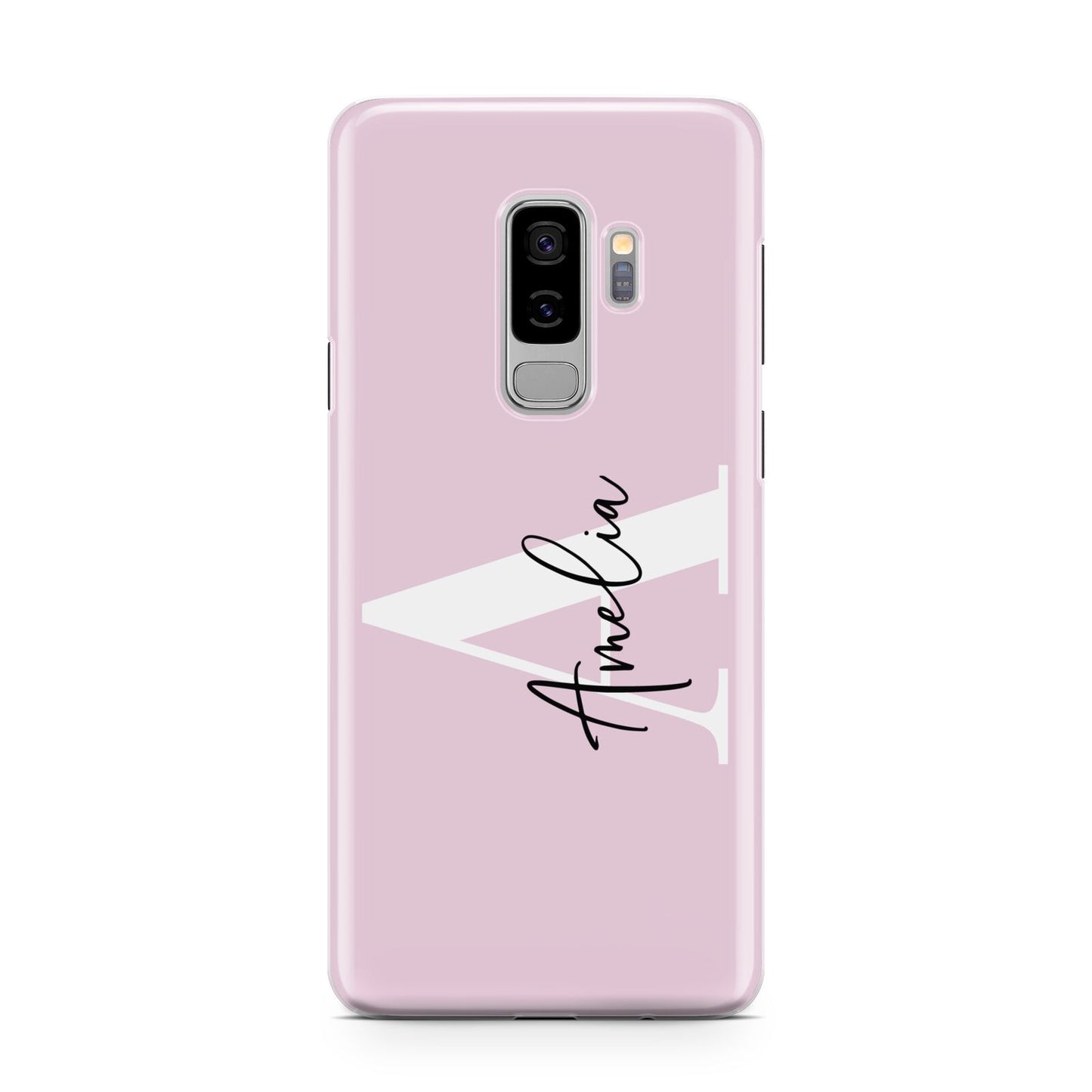 Pink Personalised Initial Name Samsung Galaxy S9 Plus Case on Silver phone