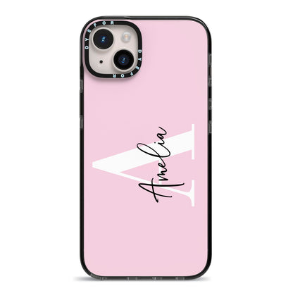 Pink Personalised Initial Name iPhone 14 Plus Black Impact Case on Silver phone