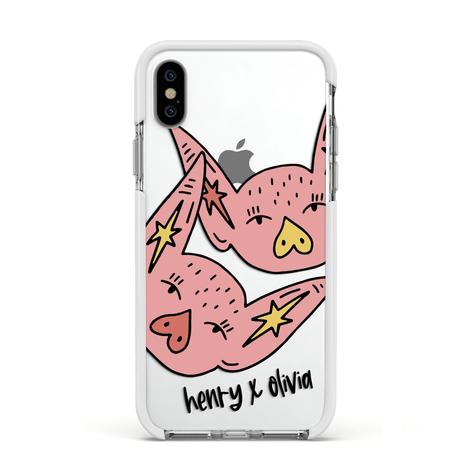Pink Pigs Couple Apple iPhone Xs Impact Case White Edge on Silver Phone