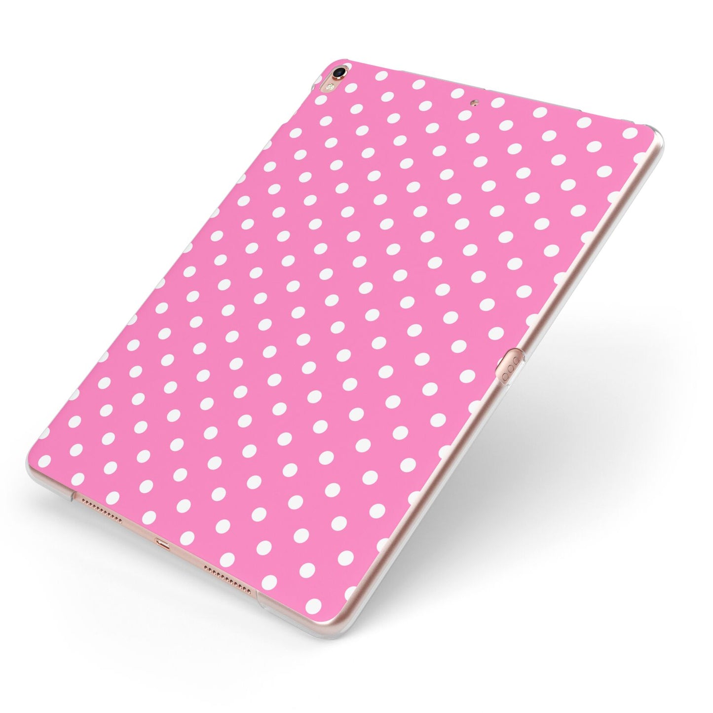 Pink Polka Dot Apple iPad Case on Rose Gold iPad Side View