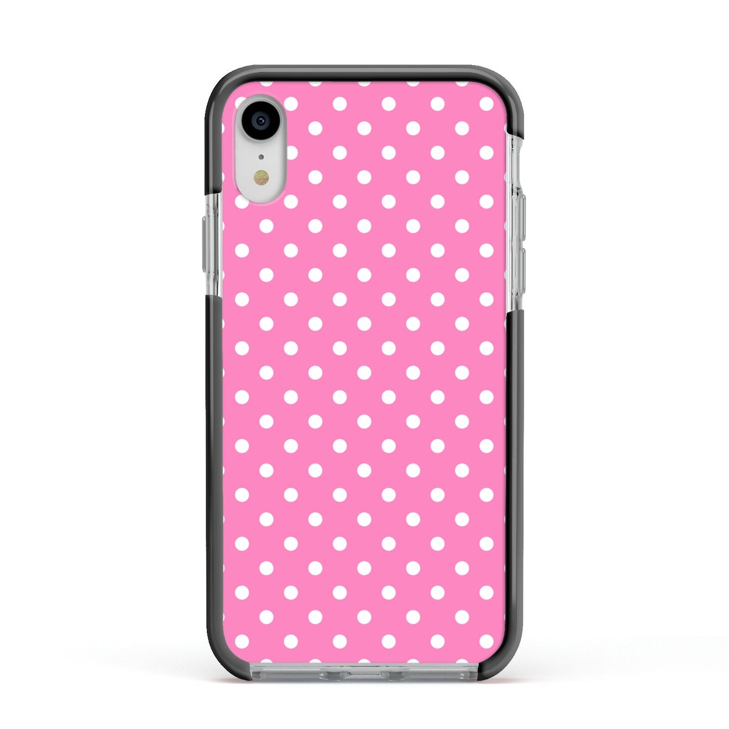 Pink Polka Dot Apple iPhone XR Impact Case Black Edge on Silver Phone