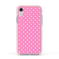 Pink Polka Dot Apple iPhone XR Impact Case Pink Edge on Silver Phone